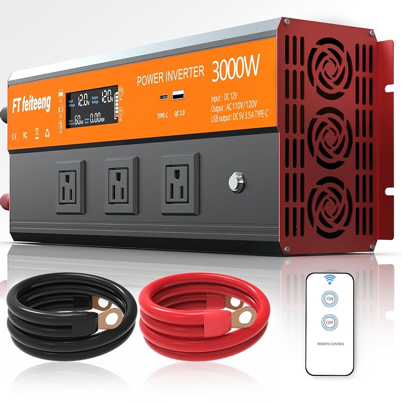 Inversor de Energia 3000 W 12 V DC para 110 V AC com Controle Remoto, 3 Tomadas, USB e Type-C FT feiteeng