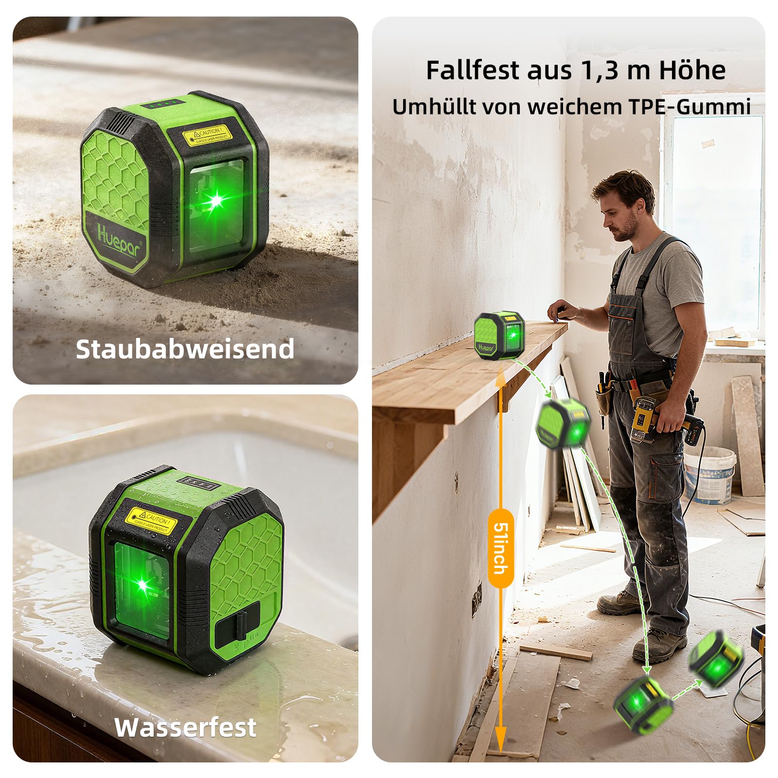 Huepar Nivel láser de línea cruzada de haz verde, herramienta de nivelación láser vertical y horizontal autonivelante con batería de litio para colgar cuadros y pintar en la pared Indoor Projects