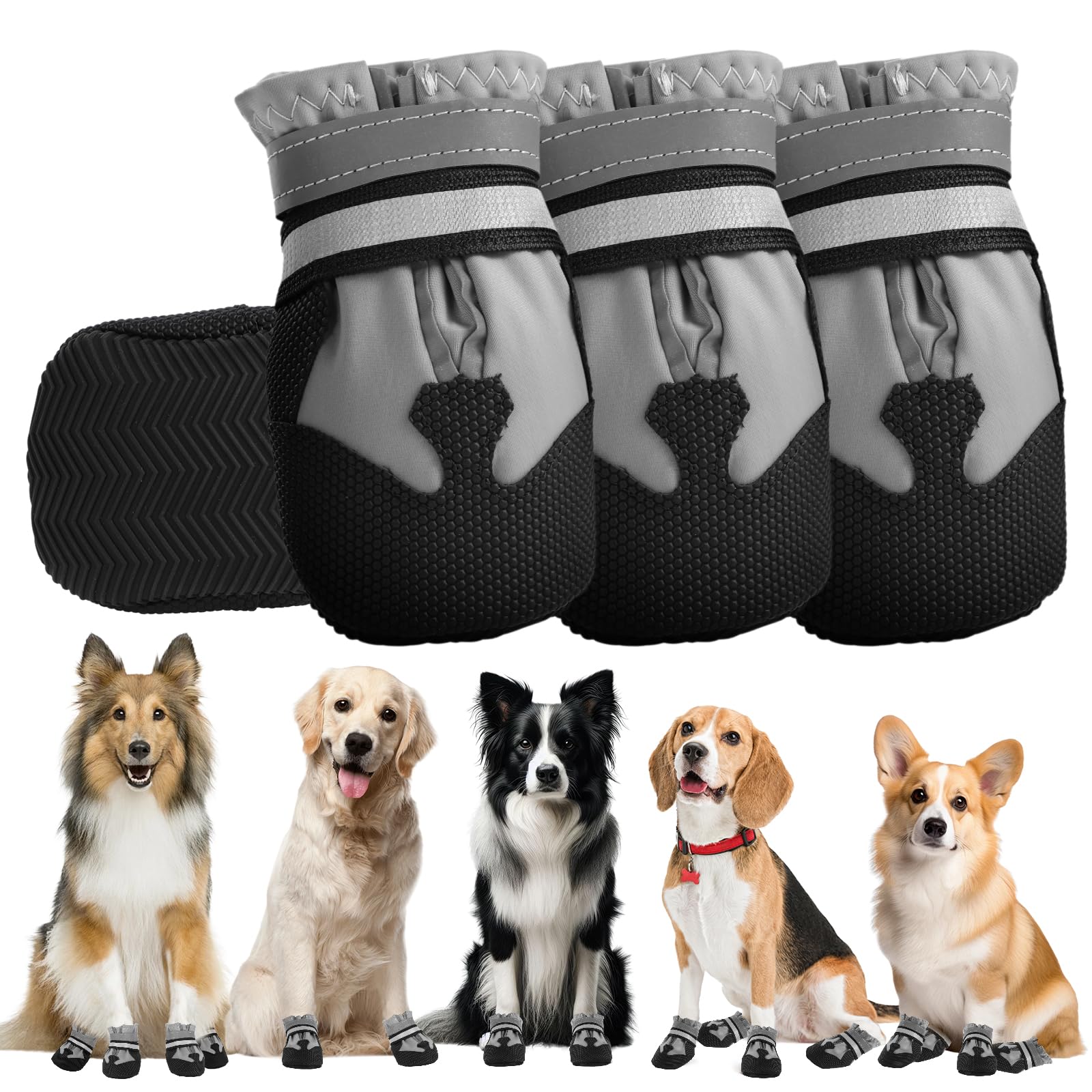 4 Bottes pour Chien Imperméables et Ajustables avec Bandes Réfléchissantes - Protection des Pattes pour Petit, Moyen et Grand Chien