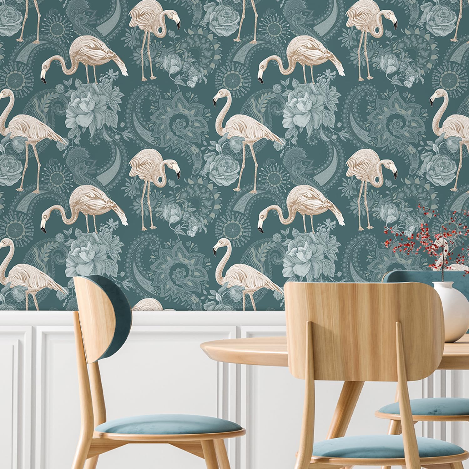 Yenhome 17.5"X276" Vintage Flamingo Wallpaper Vintage Bird Floral Peel and Stick Wallpaper for Bedroom Living Room Accent Wall Paper Renter Friendly Wall Art Vinyl Wrap Blue Contact Paper for Cabinets
