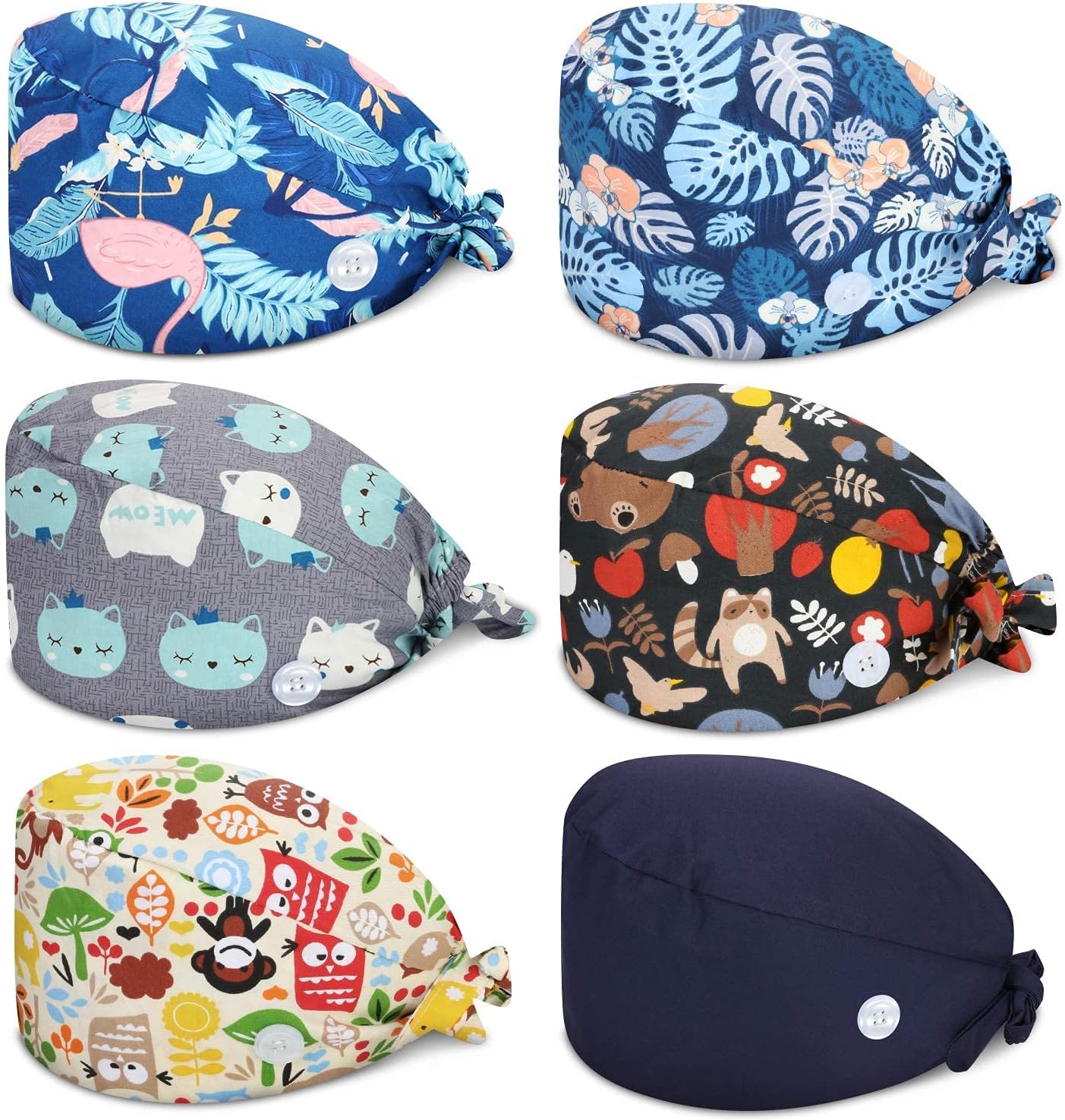 Working Cap, with Button and Sweatband, 6 Pack Cotton Printed Adjustable Bouffant Tie Back Hats for Women and Men, Scrub Caps Women Dental Bouffant Scrub Hat Nurse Cap Doctor Hat