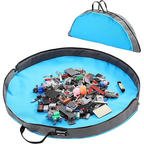 Toy Storage Bag and Play Mat for Building Bricks & Blocks - Portable Zipper Toy Storage Bag - Designed for Kids entertainment and toy storage to keep the room neat & tidy - Blue