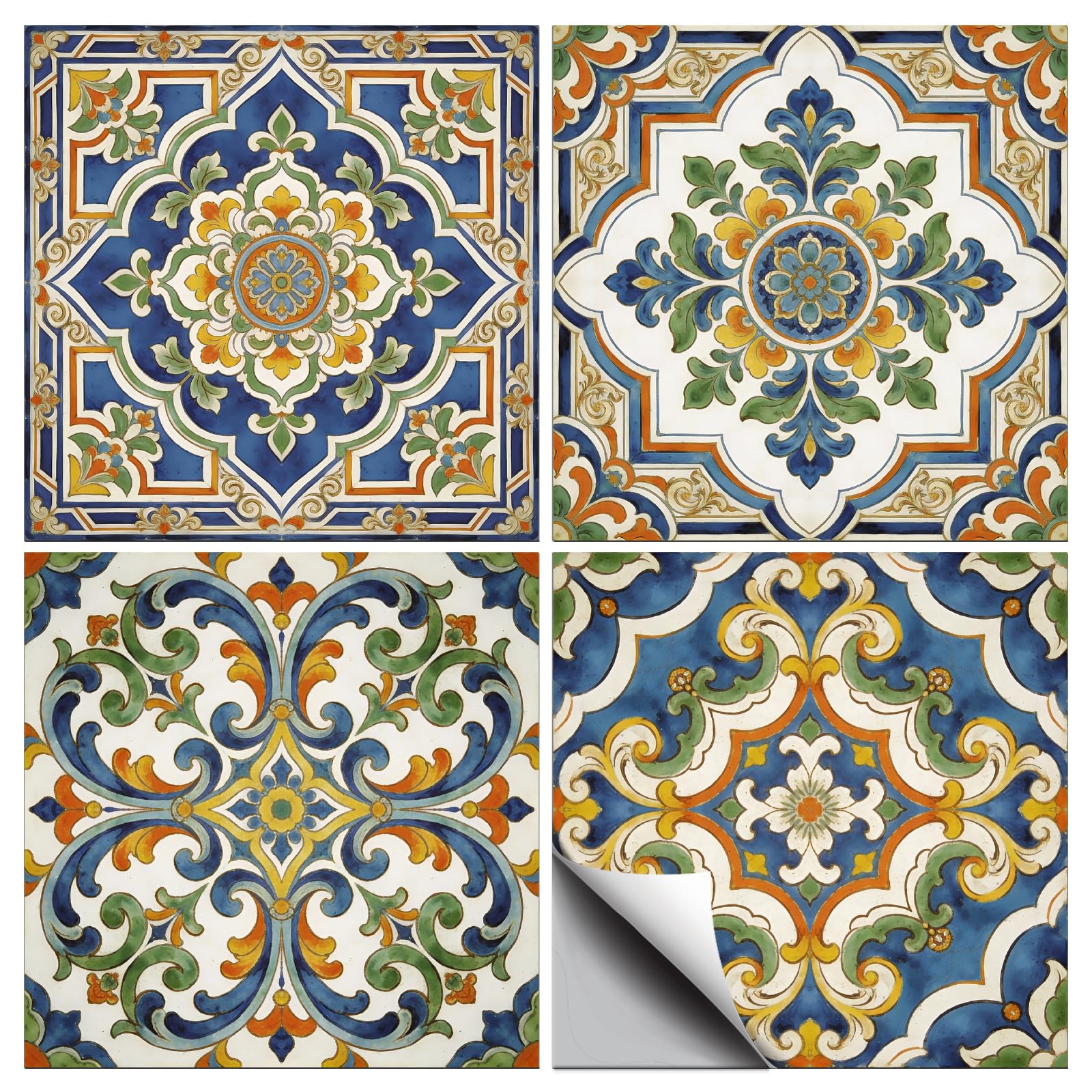 CONCHLERY 36 Pcs 4 Styles Blue Retro Floral Geometric Pattern Peel and Stick Tile Stickers Waterproof Self Adhesive Decals, for Kitchen Bathroom Home Wall Art Decor 4x4 Inch โ image 1
