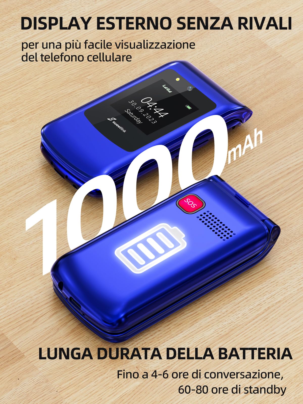SweetLink F2 Plus Telefono Cellulare per Anziani, Flip Cellulare Anziani con Tasti Grandi, Contatti con Immagini, Base di Ricarica, Volume Alto, Funzione SOS, Doppia SIM,Pantalla 2.4", Blu