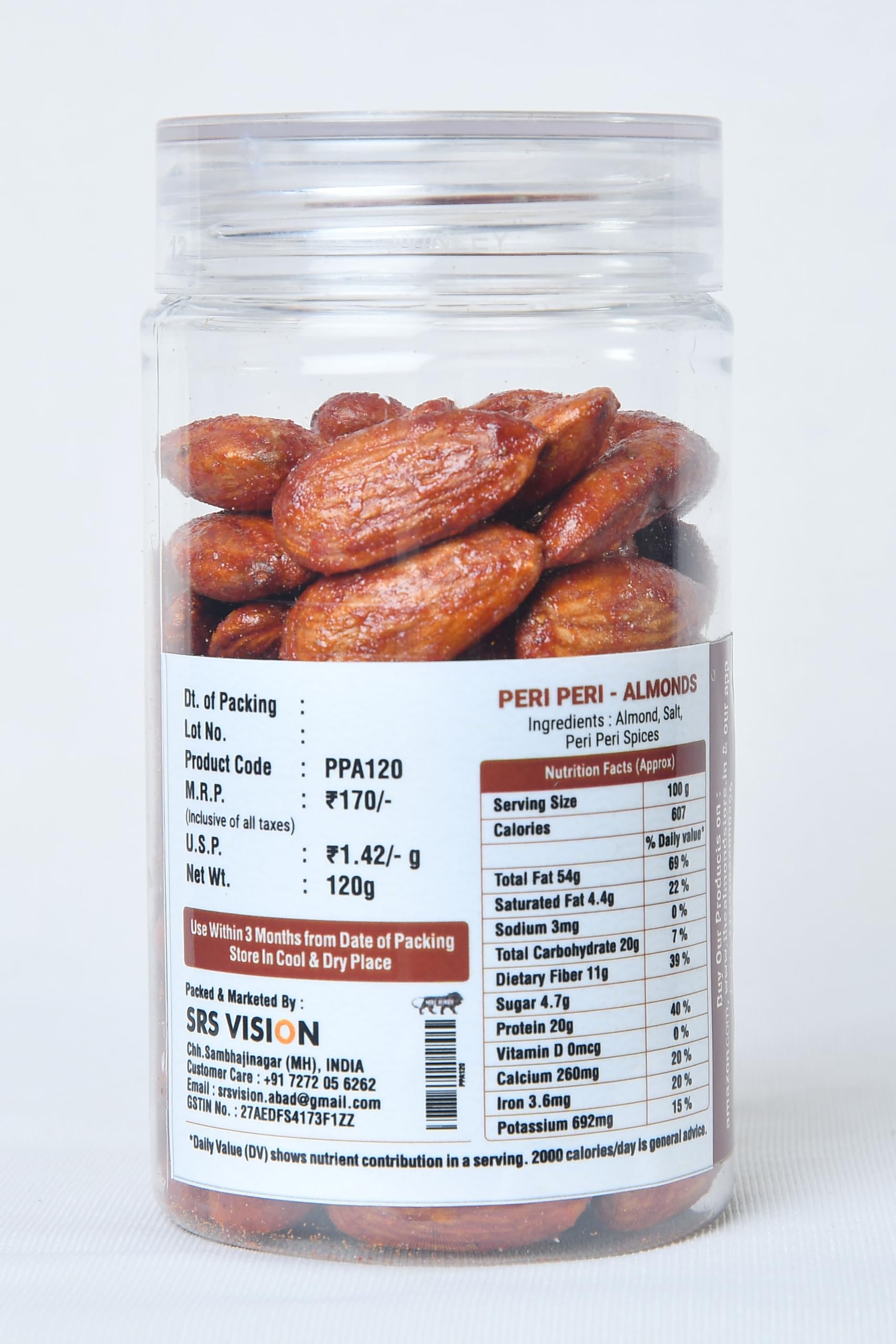 The Almond Store Peri Peri Almonds 120g | Premium Roasted Badam | Spicy & Crunchy Flavoured Almonds | High Protein High Fibre Healthy Snack | Ready to Eat Dry Fruits 1