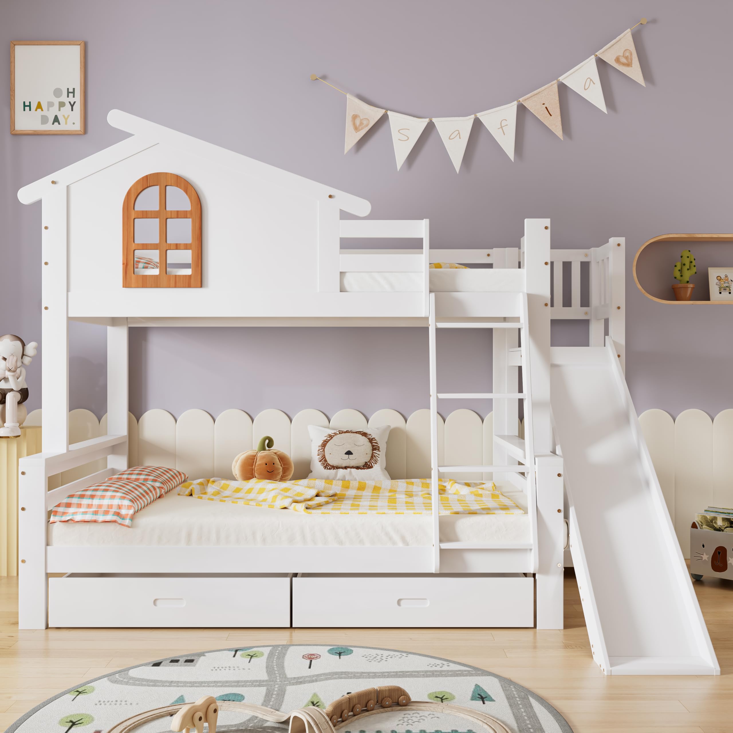 Letto a castello con finestre e scale ribaltabili a quattro livelli, bambini e letto madre con scivolo, telaio in legno massello bianco, 90 x 200 cm e 120 x 200 cm (letto a castello + 1 letto
