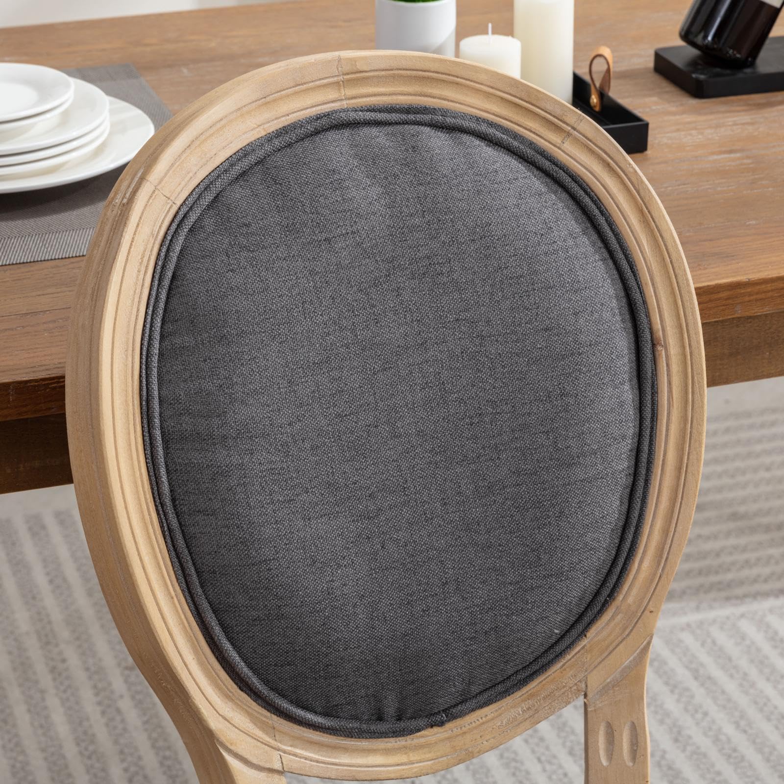 Chaise de Salle à Manger, Lot de 2, Style Campagne Française, Bois Massif de Qualité Supérieure, Assise et Dossier Ovale Entièrement Capitonnés à la Main, Simili Cuir