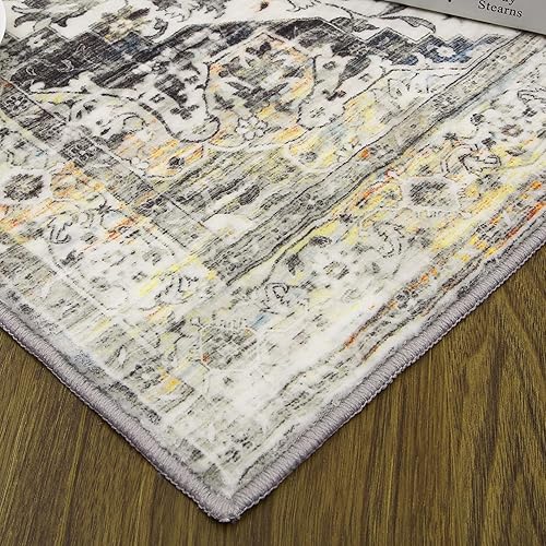 Miniatura 4 de COZYLOOM Alfombra lavable de 5 x 7 pies, diseño de medallón, vintage, floral, envejecida, suave, tribal, para interiores, antideslizante, de pelo