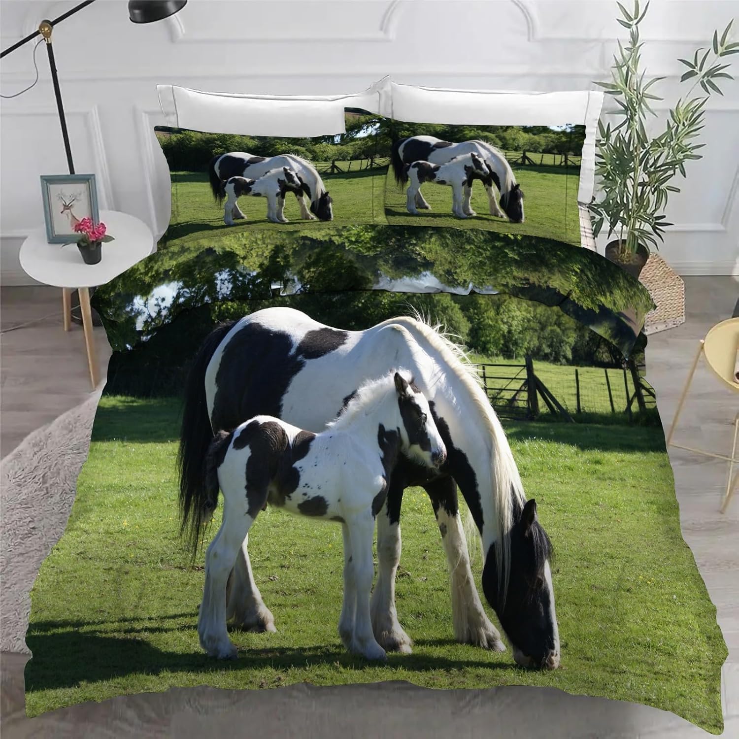 Pościel 220 x 240 cm, z nadrukiem 3D, komplet pościeli z miękkiej mikrofibry, na łóżko podwójne, z 2 poszewkami na poduszkę J-2100, zwierzęta gospodarskie, zestaw 3-częściowy, z 2 poszewkami na
