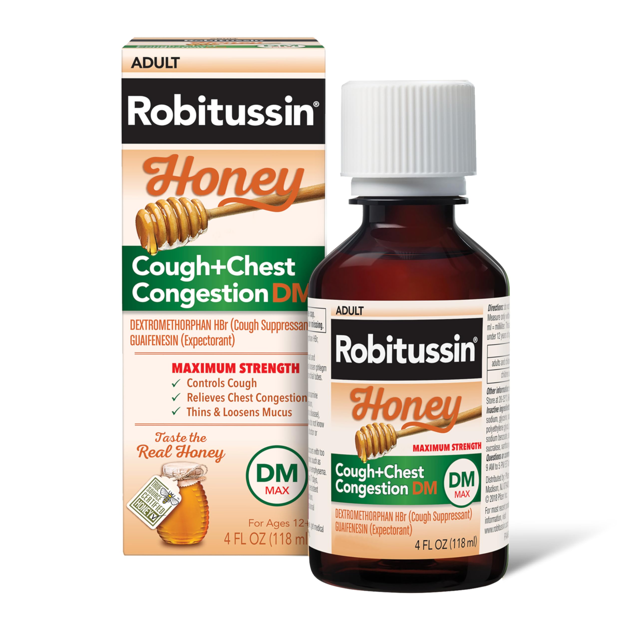 Robitussin Maximum Strength Honey Cough + Chest Congestion DM, Cough Medicine for Cough and Chest Congestion Relief Made with Real Honey- 4 Fl Oz Bottle