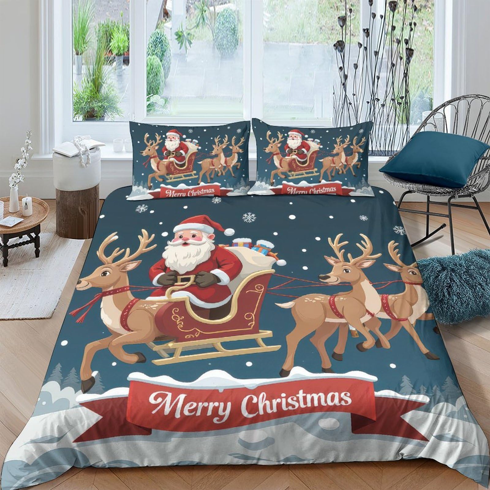 Ctjqhvkz Style-9 3D Printed Santa Sleigh Fitted Sheet Microfiber Soft Christmas Reindeer Bed Cover For Bedroom Guest Room Easy Care Decor Single（135X200cm）