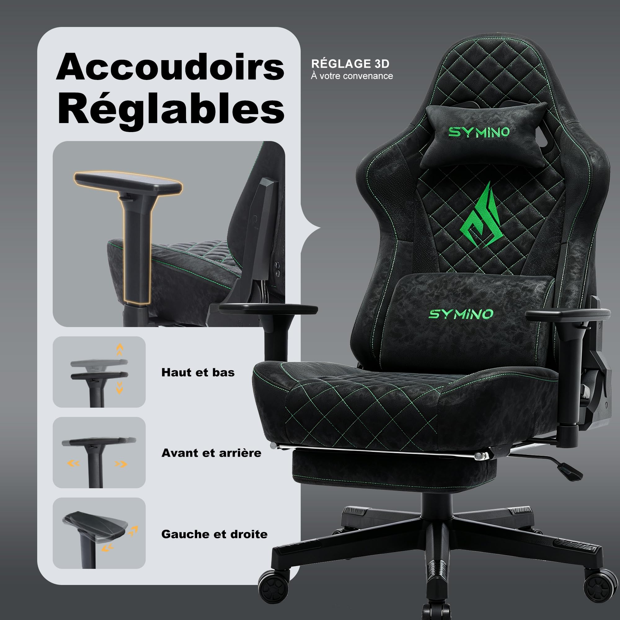 Symino Chaise Gamer Ergonomique - Fauteuil de Bureau avec Repose-Pieds Télescopique, Support Lombaire et Hauteur Réglable - 200kg (Simili Cuir Black)