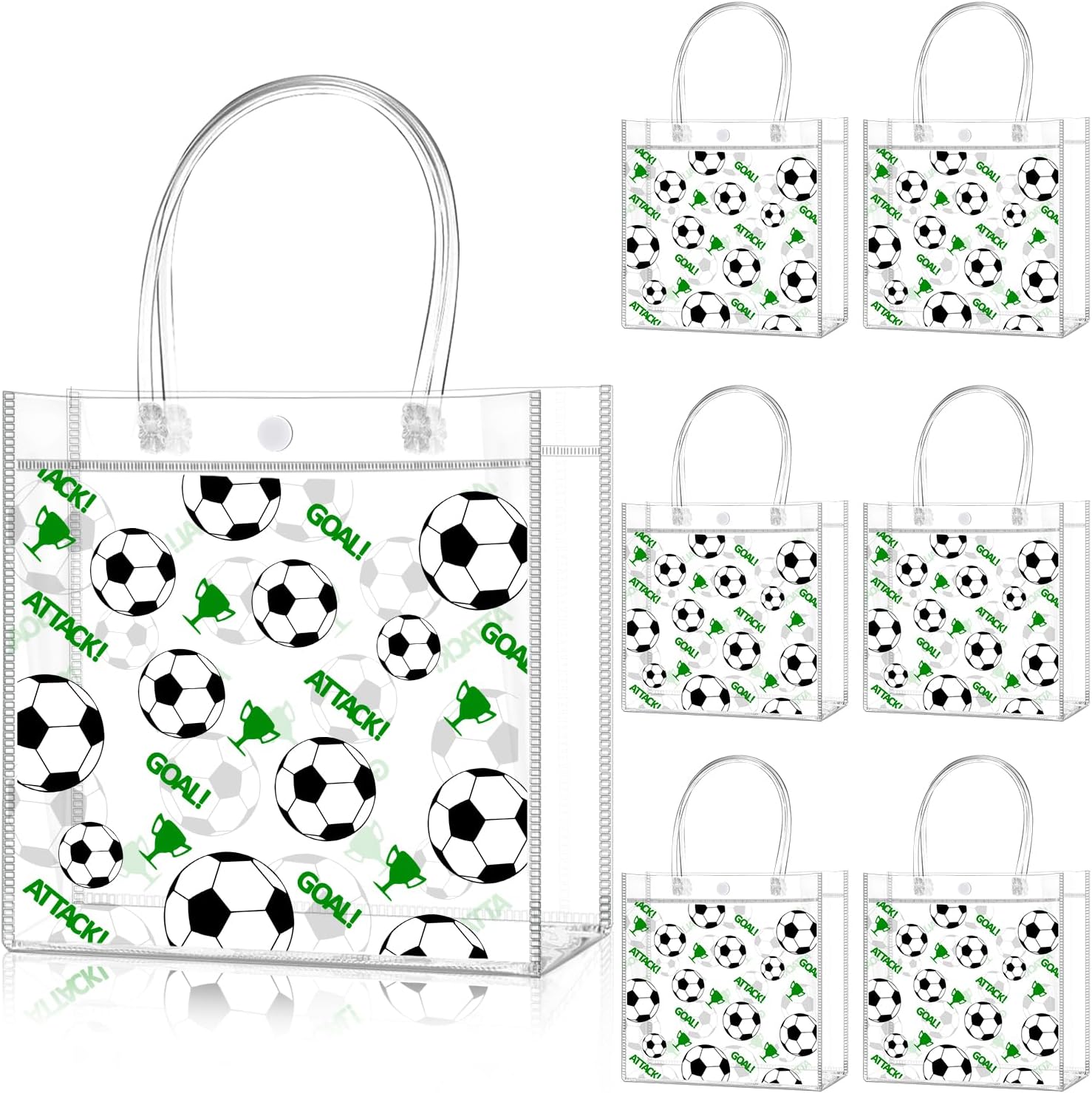 Zenoble 24 PCS Soccer Party Favors Bags PVC Clear Goodie Snack Candy Treat Gift Bags with Handle for Soccer Team Theme Birthday Holiday Party Supplies Baby Shower Decorations