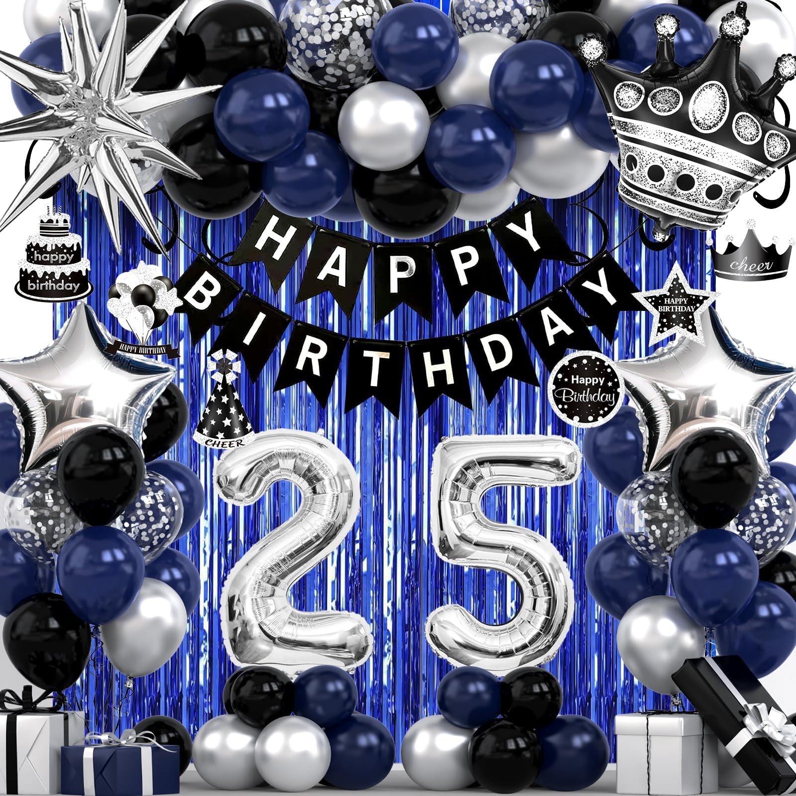Photo 1 of 25th Birthday Decorations for Men and Women, Black Blue Silver Happy Birthday Number 25 Balloons, Banner, Fringe Curtains Garland Kit - 25 Year Old Party Supplies