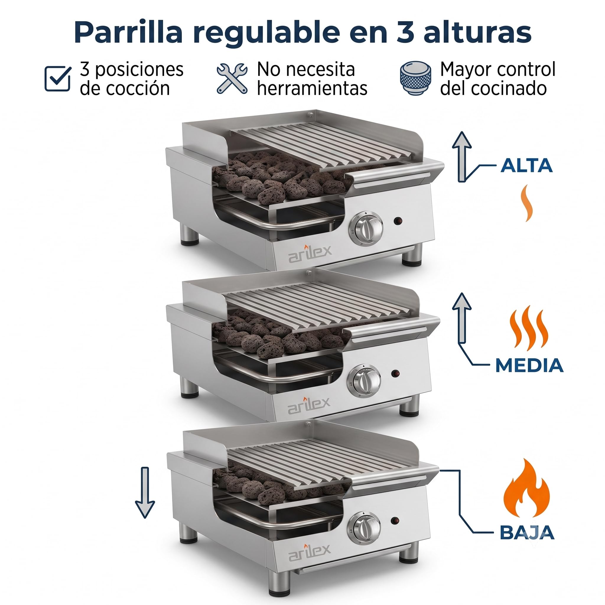 Parrilla Vasca a Gas Profesional 40 cm con Piedra Volcánica, 2 Quemadores, Parrilla de Acero Inoxidable Regulable en 3 Alturas, 5,5 kW, 40VASN