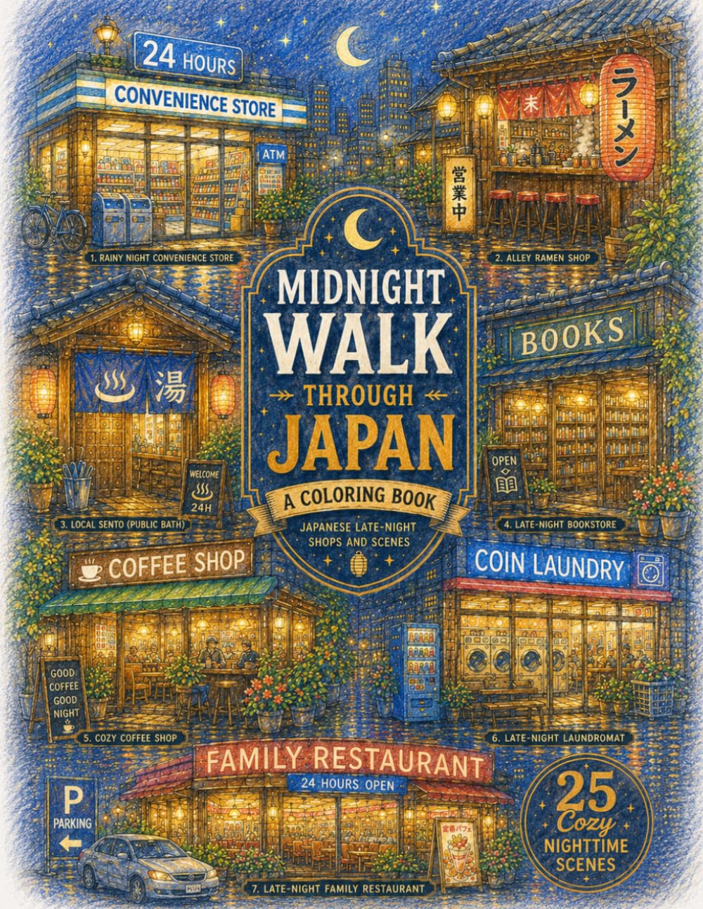 Midnight Walk Through Japan: A Coloring Book: 25 Cozy Japanese Late-Night Shops, Streets, and Hidden Places to Relax, Unwind, and Color