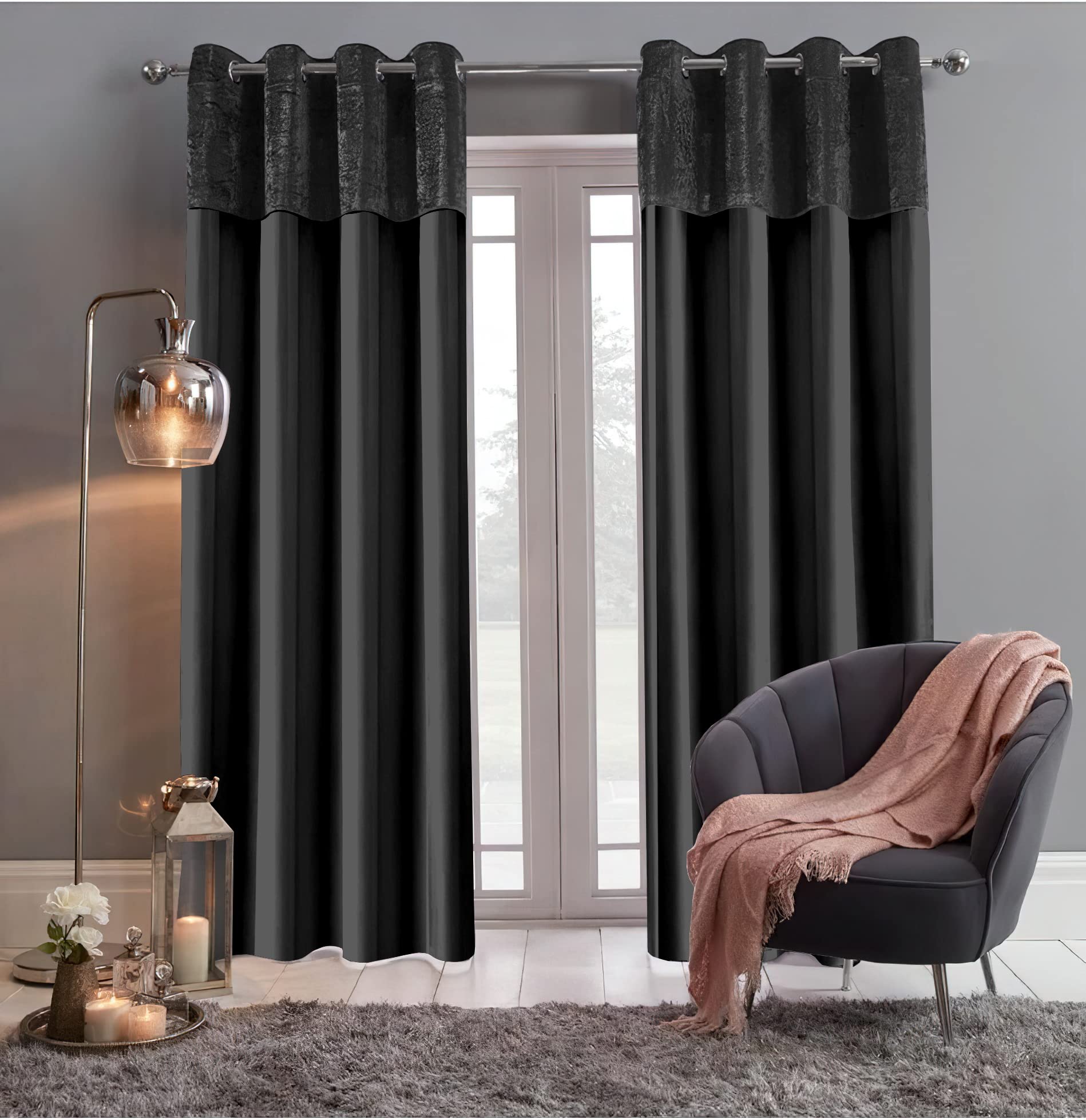 Roseley Crushed Velvet Band Curtains Eyelet Ring Top 2 Panels Fully Lined Faux Silk Window Treatment Elegant Solid Colours (66 x 72'' Black)