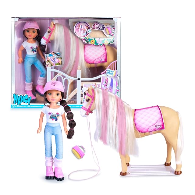 Nancy - Un día con su Caballo, muñeca Fashion articulada y Caballo, Accesorios de Cuidado, Cepillo-Esponja…