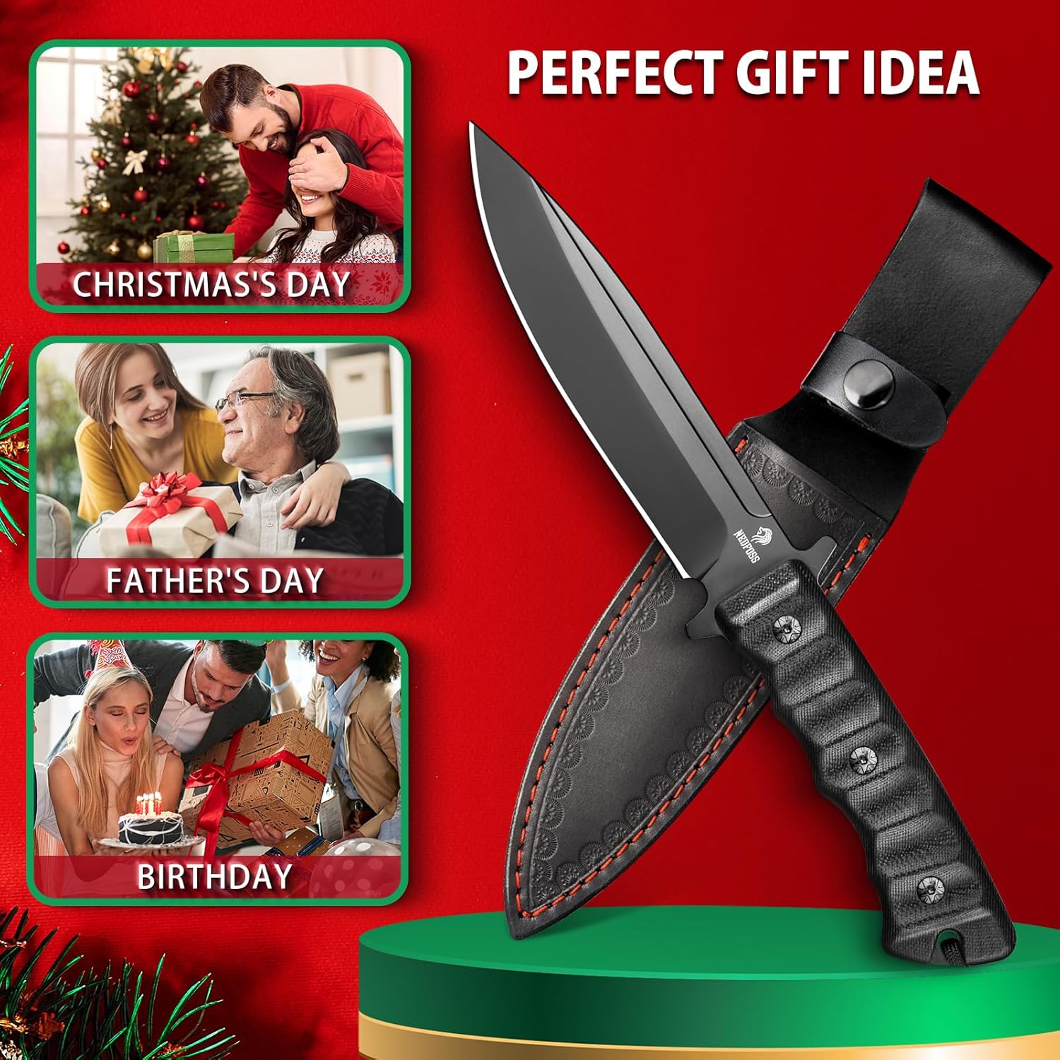 NedFoss BLACK PHOENIX Hunting Knife with Holster, 5.5" 8Cr14Mov Survival Fixed Blade Knife, G10 Handle, Bushcraft & Camping Gifts for Men