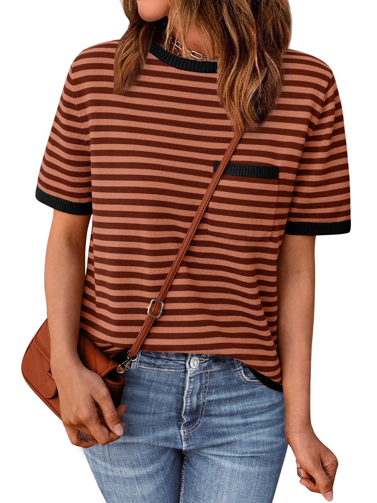 LILLUSORY Womens Striped Short Sleeve Sweater Pullover Shirts with Chest Pocket