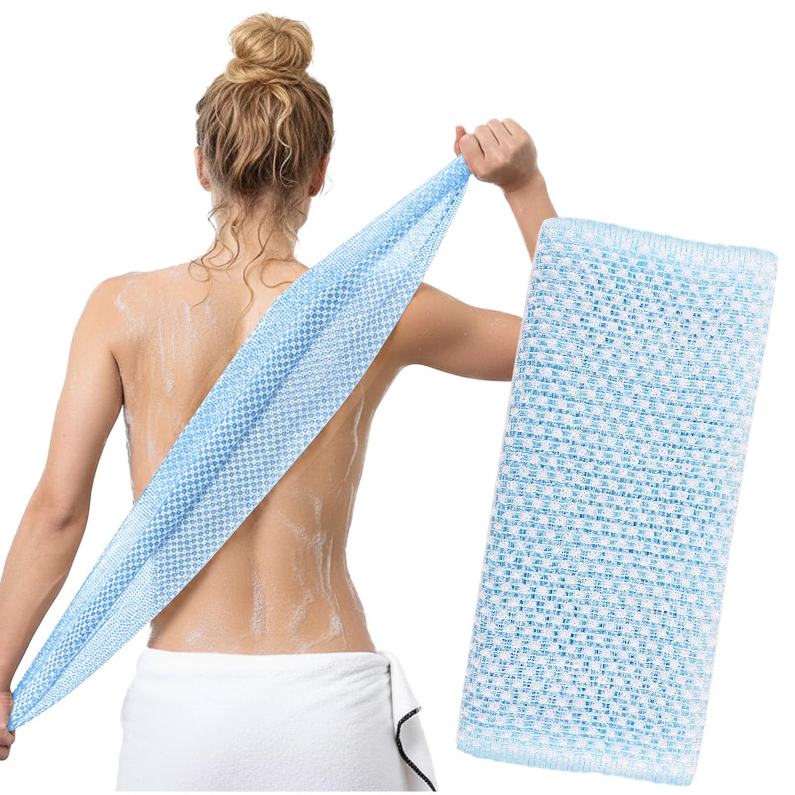 1Pcs Japanese Exfoliating Towel, Silver lon Exfoliating Shower Towel, Back Extra Long Exfoliating Washcloth for Men Women, Body Scrub Loofah for Cleaning and Massage (Blue)