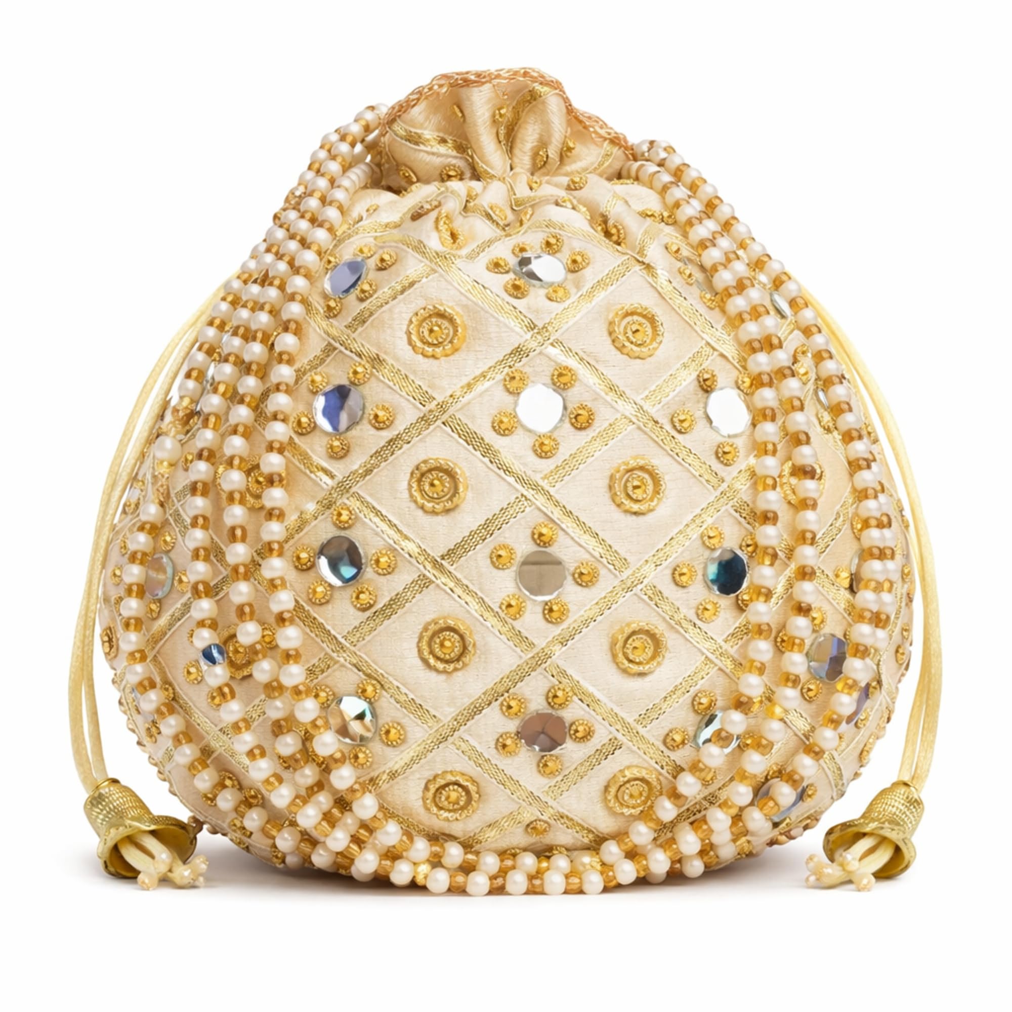 ATHZ Silk Potli Bag for Women with Pearl Handle & Mirror Work | Wedding Return Gift Potli for Haldi Mehendi Shagun | Ethnic Drawstring Pouch for Festive & Bridal Use | silk potli bags, wedding return gift