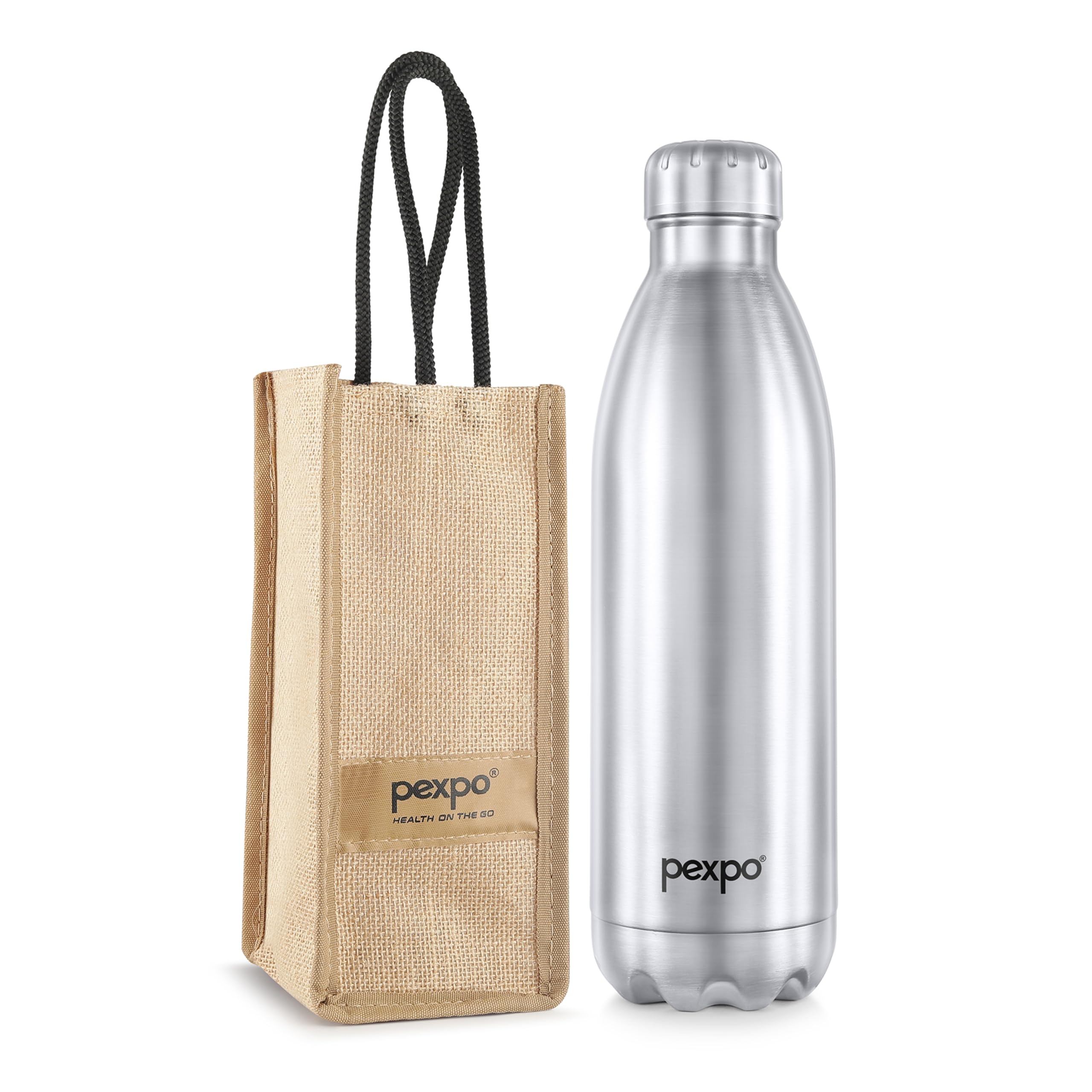 PEXPO Electro Pro Hot & Cold Vacuum Flask with Jute Bag | 2 Year Warranty | Stainless Steel Water Bottle - 1500ml Silver | Office Bottle | Workout | Travelling | Home| RCB Edition