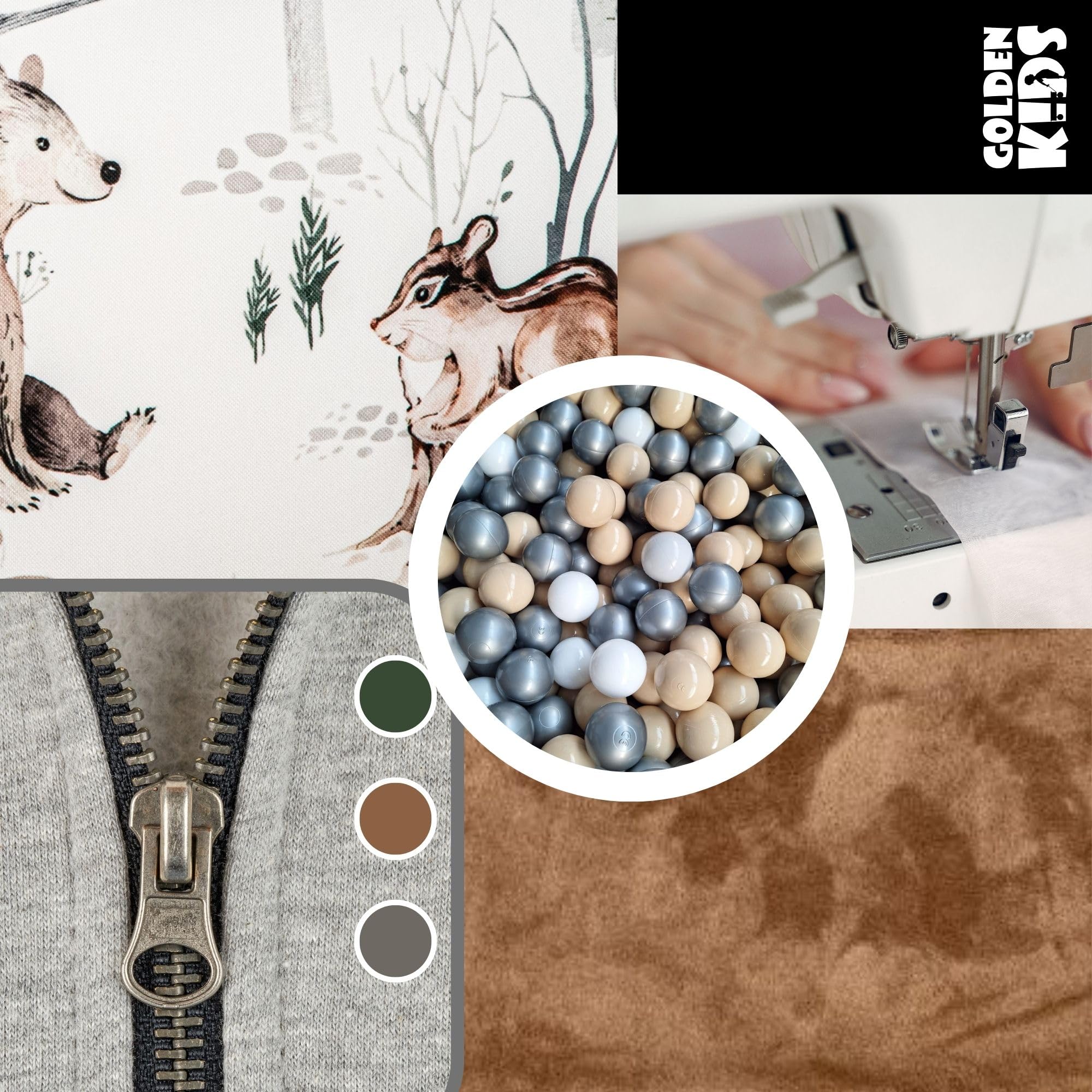 GoldenGroup Baby-Forest-Freunde Bällebad 90x40 cm mit 200 Bällen - Samt und Schaumstoff Rund in Cappuccino: Weiß, Beige, Silber