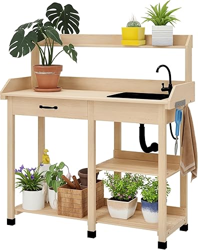 Miniatura 10 de Outsunny Mesa de banco para macetas, incluye estación de fregadero extraíble para exteriores con gancho de manguera, estación de trabajo de madera