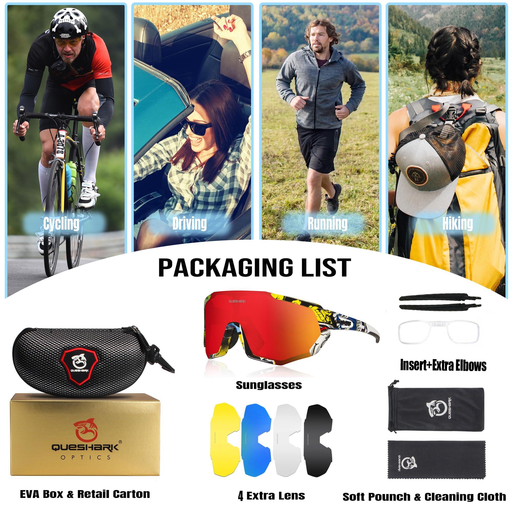 Occhiali Da Ciclismo Queshark - Polarizzati, 5 Lenti Intercambiabili, Anti-UV E Antivento - Foto 7