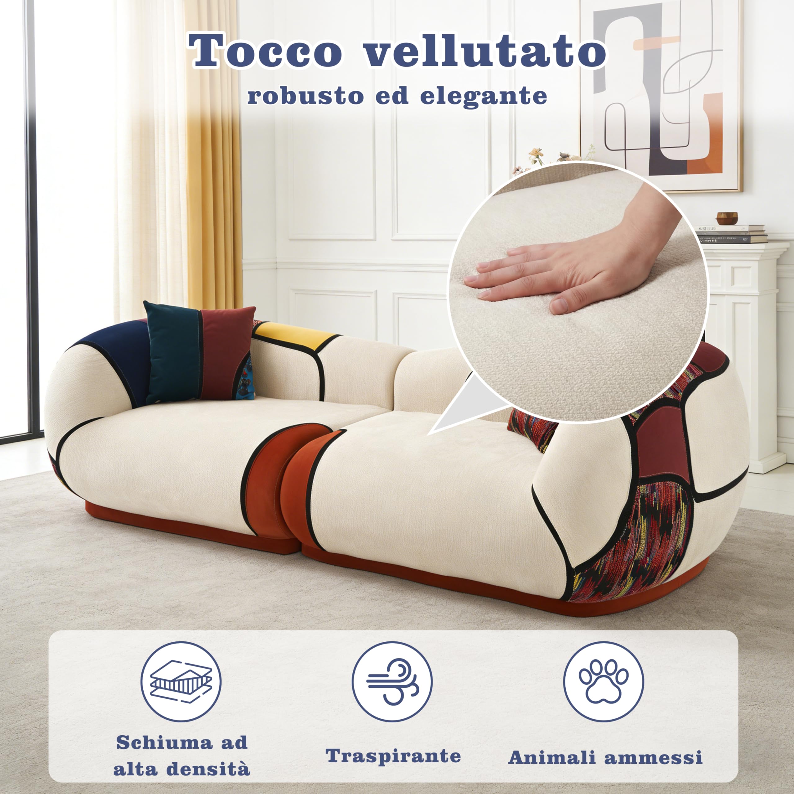 Vipbear Divano Letto, 108 x 265 cm, Divano a 3 Posti con 2 Cuscini in Chenille, Divano Compresso per Soggiorno, Stile Bohémien, Schiuma ad Alta Densità, Senza Montaggio
