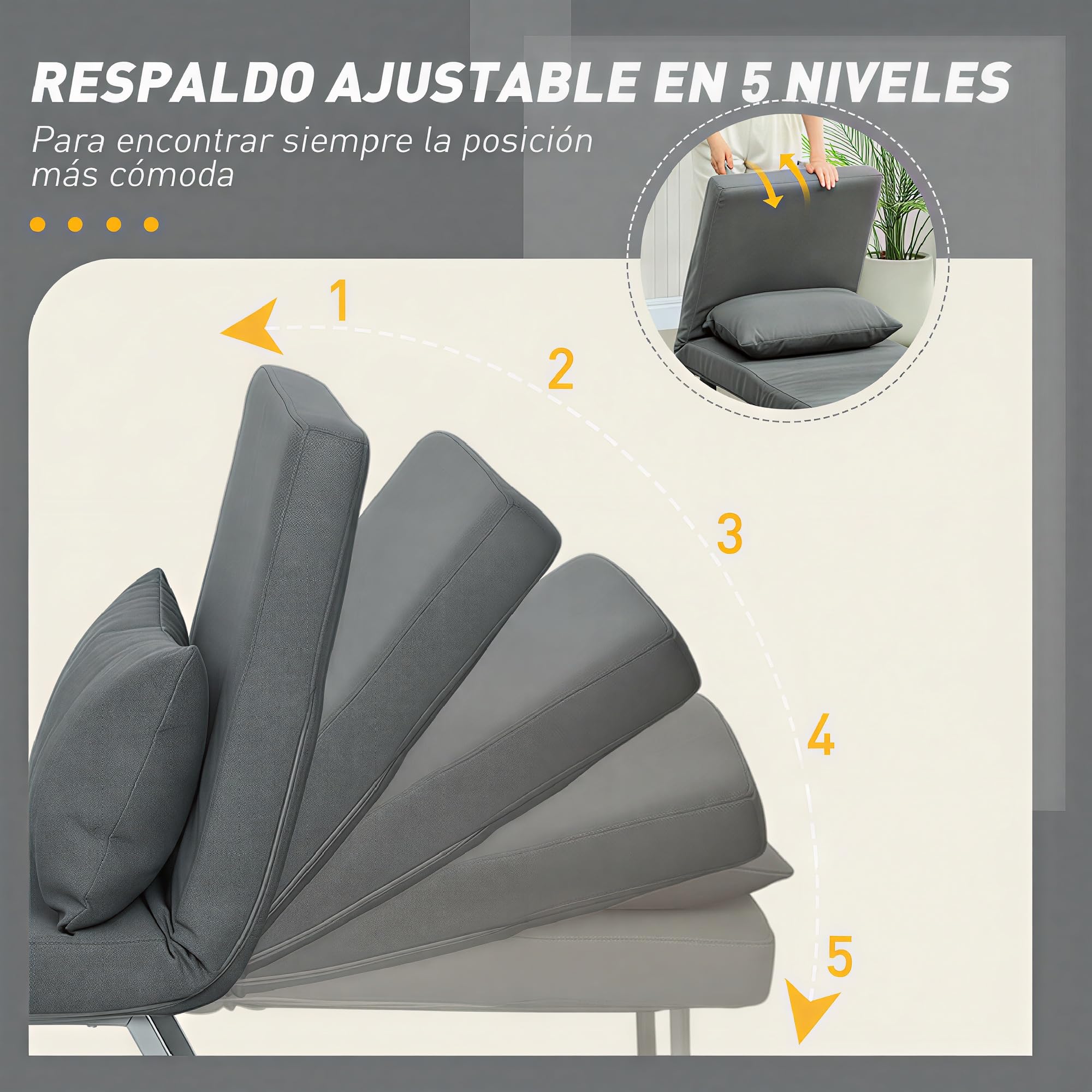 HOMCOM Sofá Cama de 1 Plaza 3 en 1, Sofá Cama Plegable Tapizado en Lino Sintético con Respaldo Ajustable de 5 Niveles y Almohada Acolchada, para Oficina, Dormitorio, Salón, 73x78x81 cm, Gris Oscuro