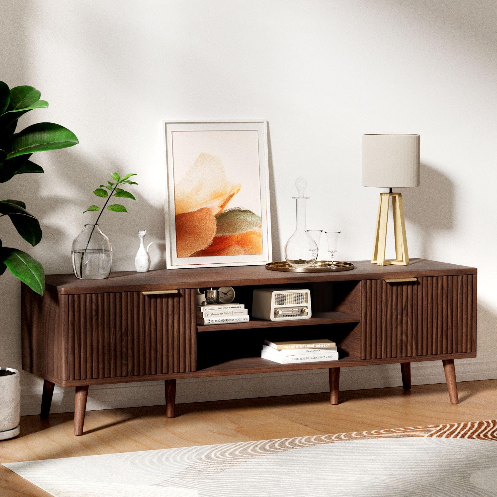 Meuble TV Bois 140cm Longueur Meuble Télé avec rangement pour Télévision Jusqu'à 60 Pouces 2 Étagères Ouvertes et 2 Portes 140 X 40 X 47 cm pour Salon, Chambre, Salle De Divertissement, Bois Foncé