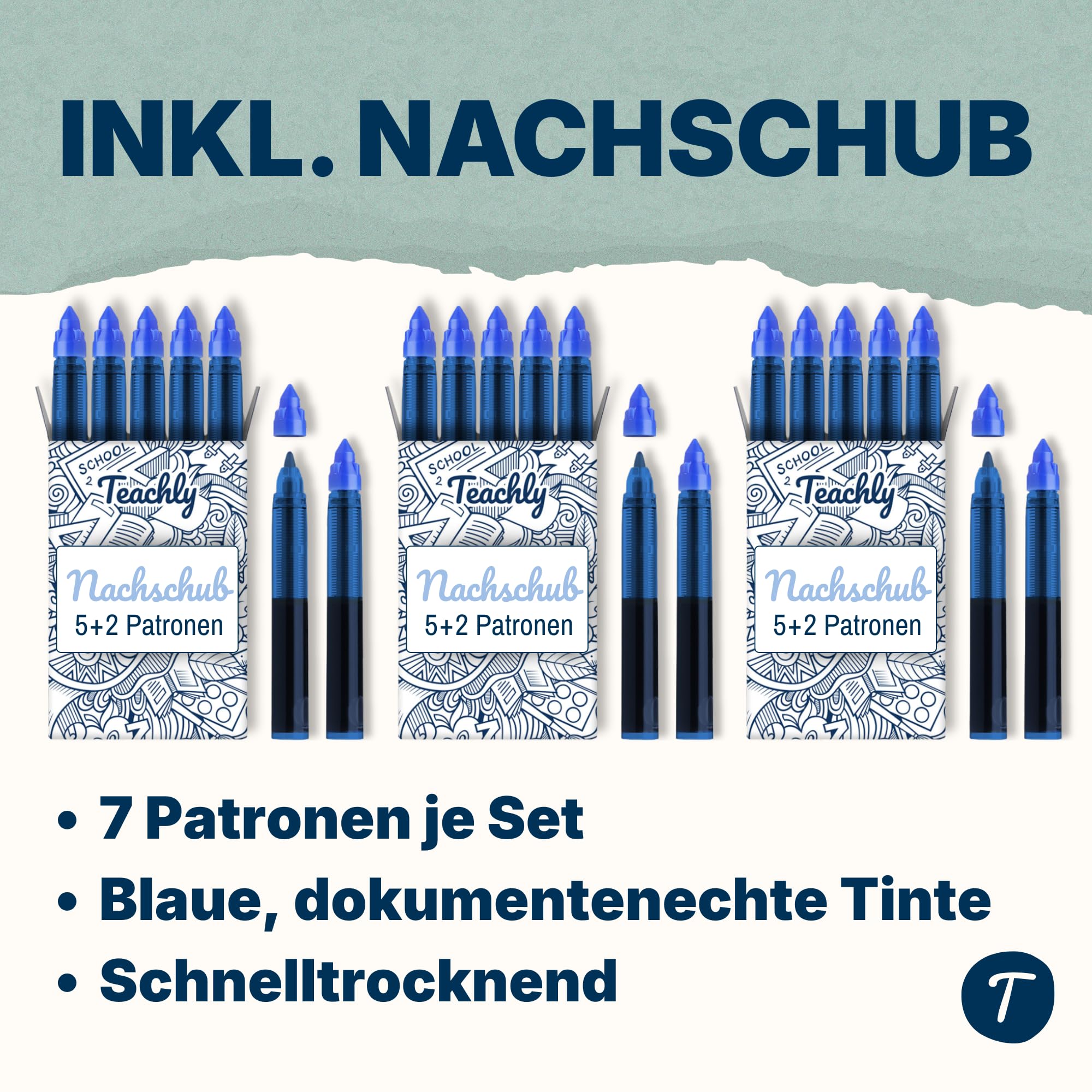 Teachly Bundle 3 x Tintenroller Superstudent (Rosé-, Mint- & Türkis-Set) - Inkl. 7 Tintenpatronen (Blau) je Set