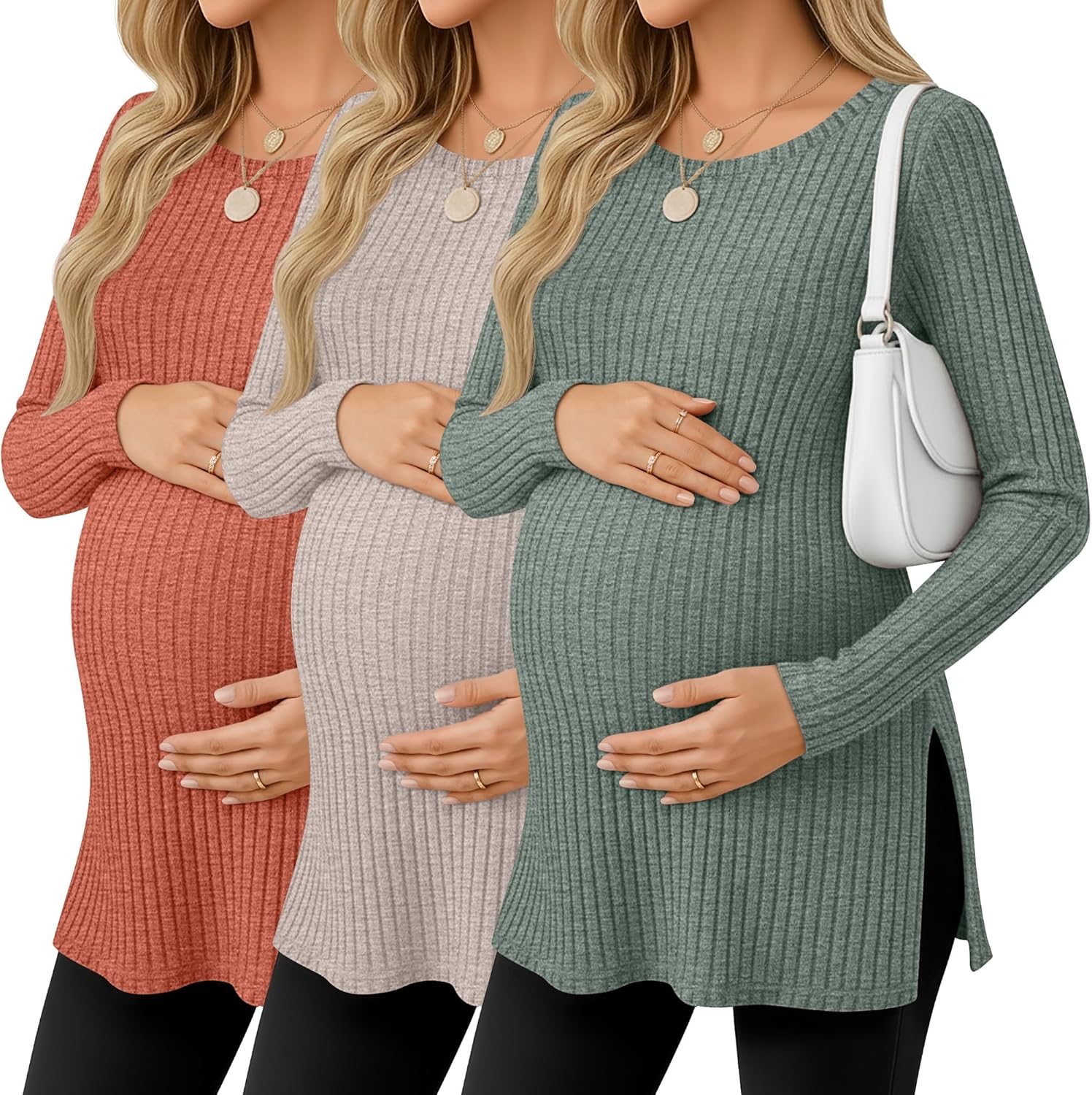 Ficerd 3 Pack Women's Maternity Shirts, Ribbed Long Sleeve Pregnancy Sweaters Crew Neck Slit Side Knit Pregnant Tunic Tee Top