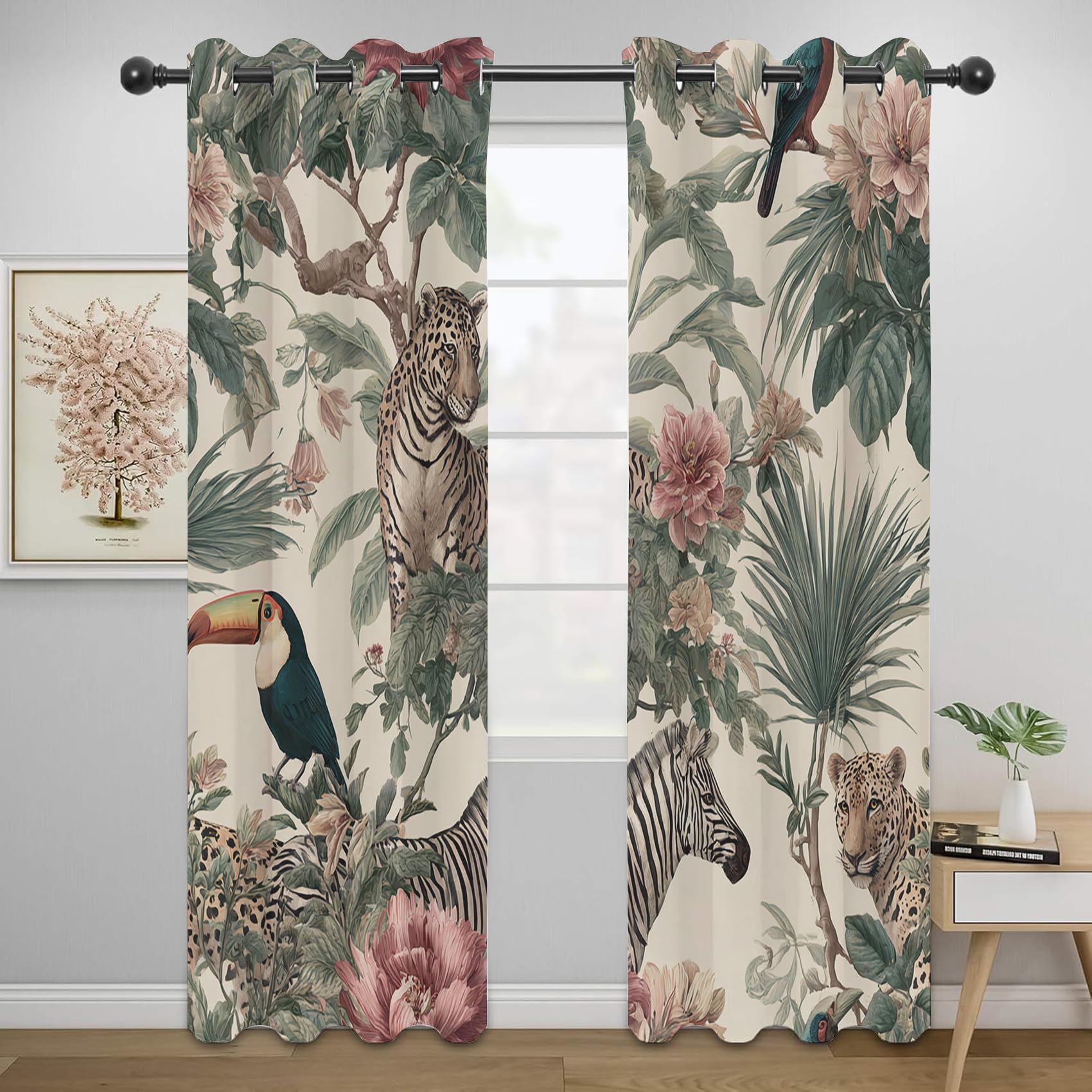 Rideau Occultant Jungle Tropicale, Rideaux Motif Safari Animaux, Rideau Thermique Chambre Salon Fenetre, Fleurs Feuilles de Palmier Lot de 2 Rideaux et Draperies Intérieurs à Oeillets, 140x240cm, yi5