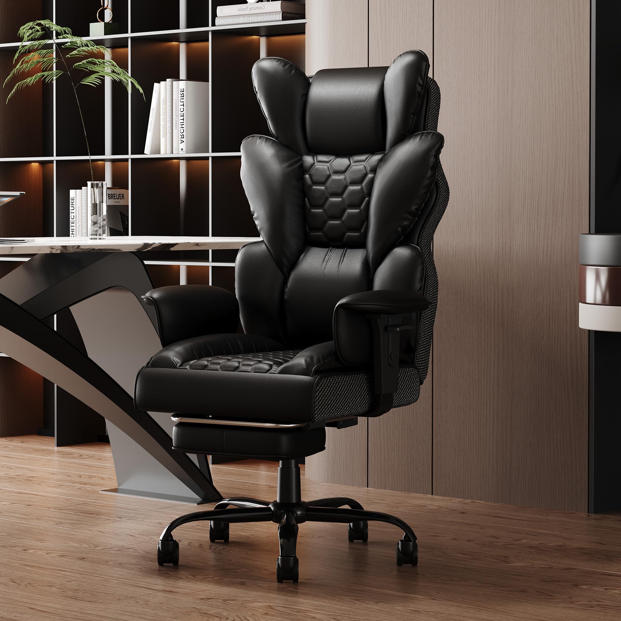 Froadp Chefsessel Ergonomisch PU-Leder mit Fußstütze Liegefunktion Schwarz | Extra Dickem Sitzkissen, Verstellbaren Armlehnen & Rückenlehne, Höhenverstellbar 126-136cm, Für Langes Sitzen