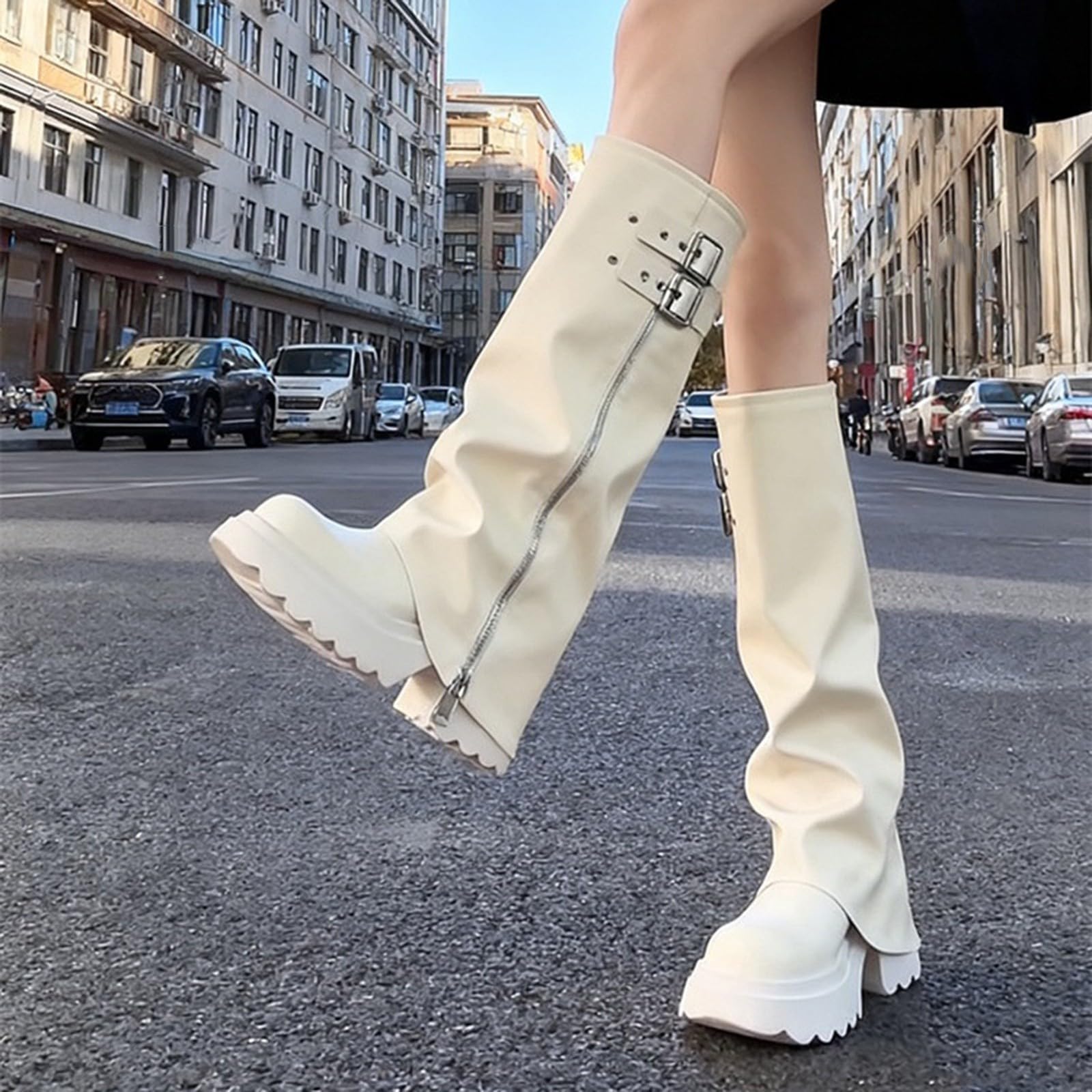 Stivali da donna eleganti al ginocchio, con plateau, pieghevoli