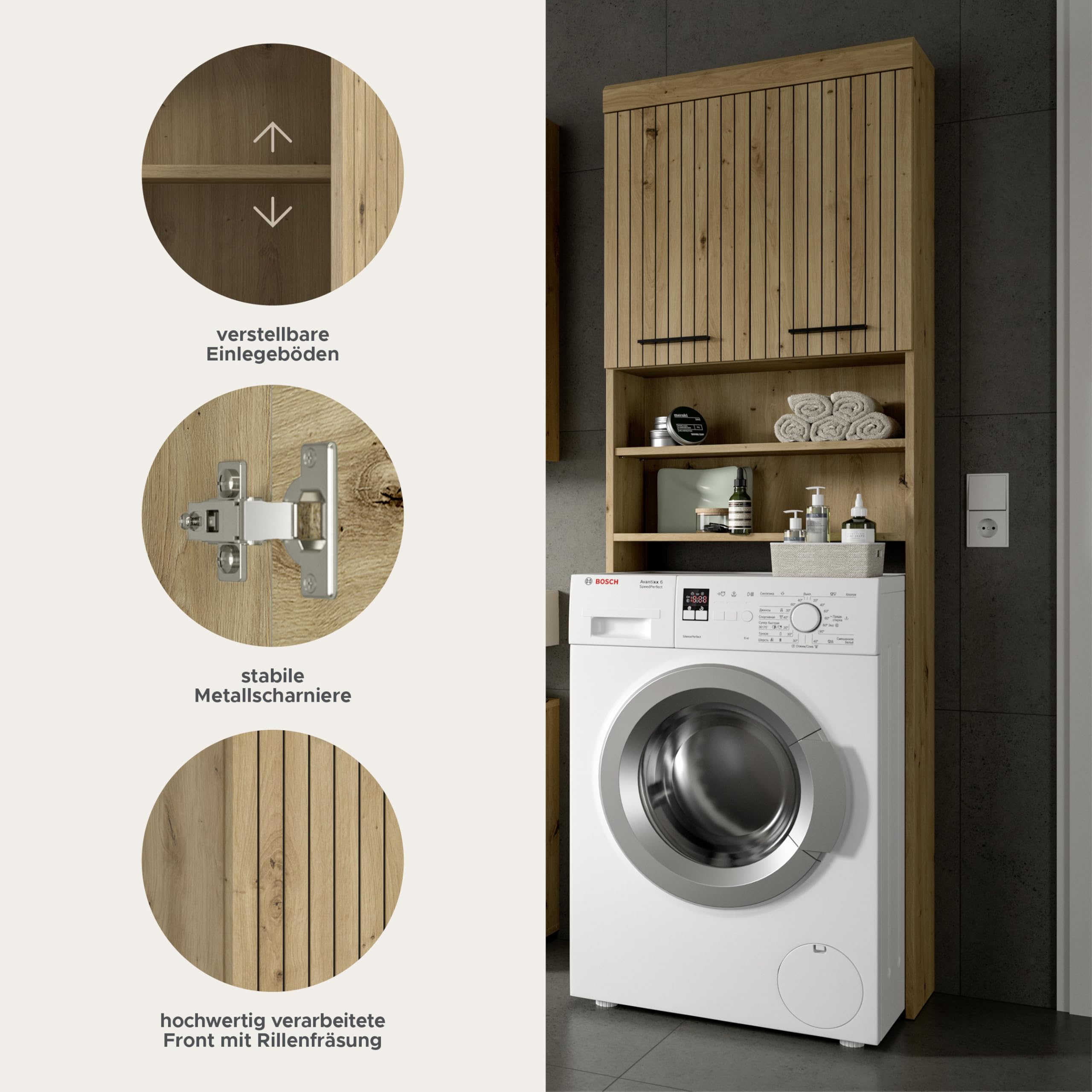 xonox.home – Waschmaschinenüberbau Scout 63x191x24 cm in Artisan & Schwarz – Überbauschrank mit 2 Türen & offenen Fächern – Passend für alle gängigen Waschmaschinen zur optimalen Platznutzung im Bad – Bild 7