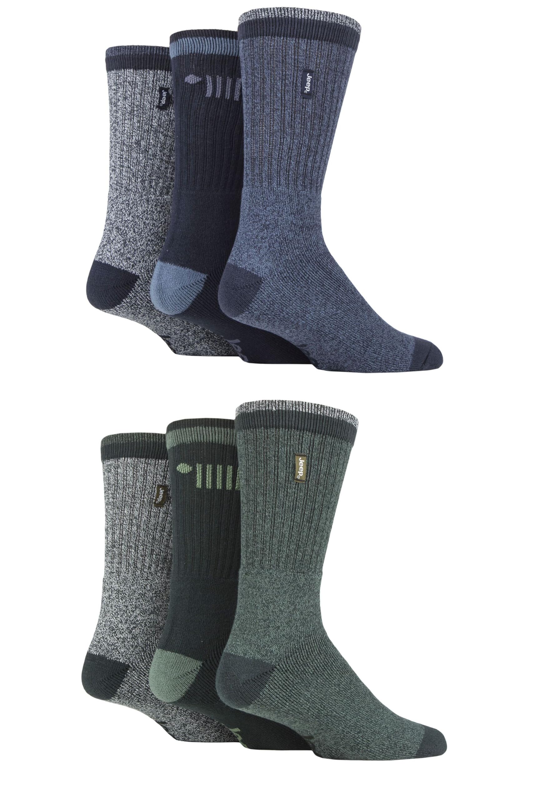 Jeep Men's Navy Green Terrain Leisure Socks - Cushioned Ribbed Ideal For Hiking, Walking & Outdoors 6 Pair Multipack Size 6-11