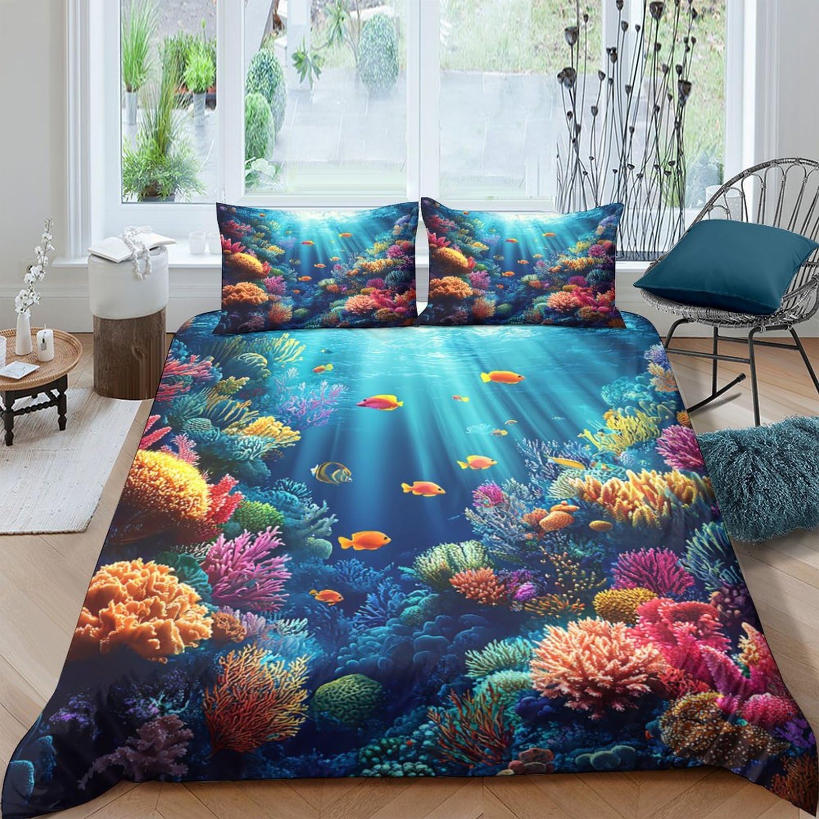 Ctjqhvkz Style-1 3D Printed Ocean Coral Reef Fitted Sheet Microfiber Vibrant Underwater Fish Mattress Cover Bedroom Decor Single（135X200cm）