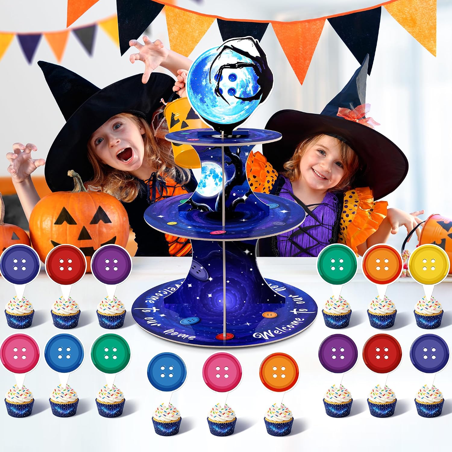 Button Party Decorations Button Cupcake Stand Cartoon Movie Theme 3 Tier Dessert Stand with 24 Cupcake Toppers Horror Cartoon Movie Theme Party Supplies for Birthday Halloween Decorations Celebration