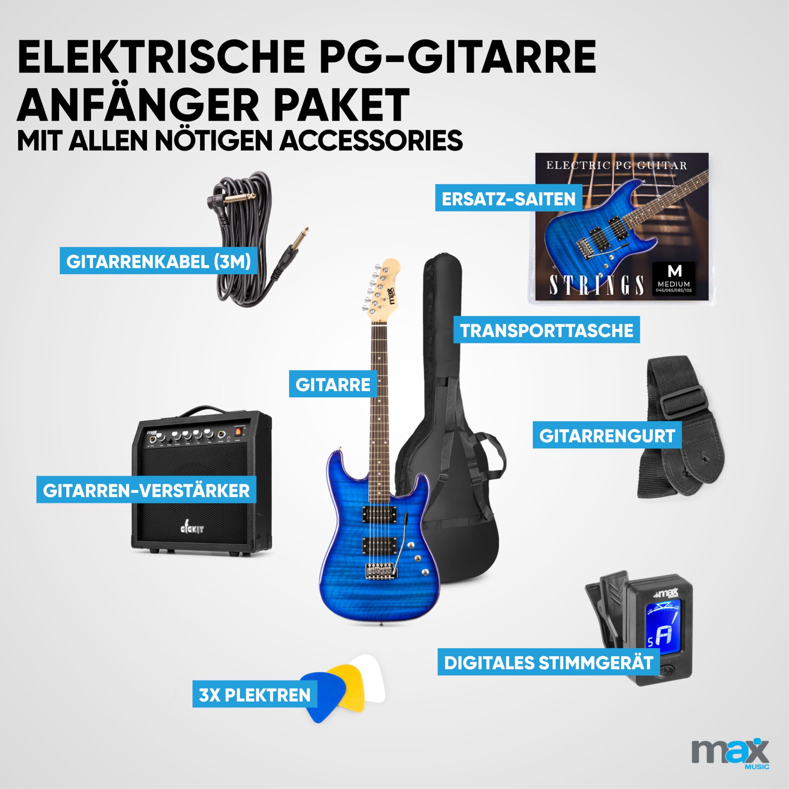 Max GigKit E Gitarre Quilted Style, E Gitarren Set mit Verstärker, Gitarrentasche, Plektrum, Stimmgerät Gitarre, Instrumentenkabel, Ersatzsaiten und Gitarrengurt, 22 Bünde - Dunkel Blau