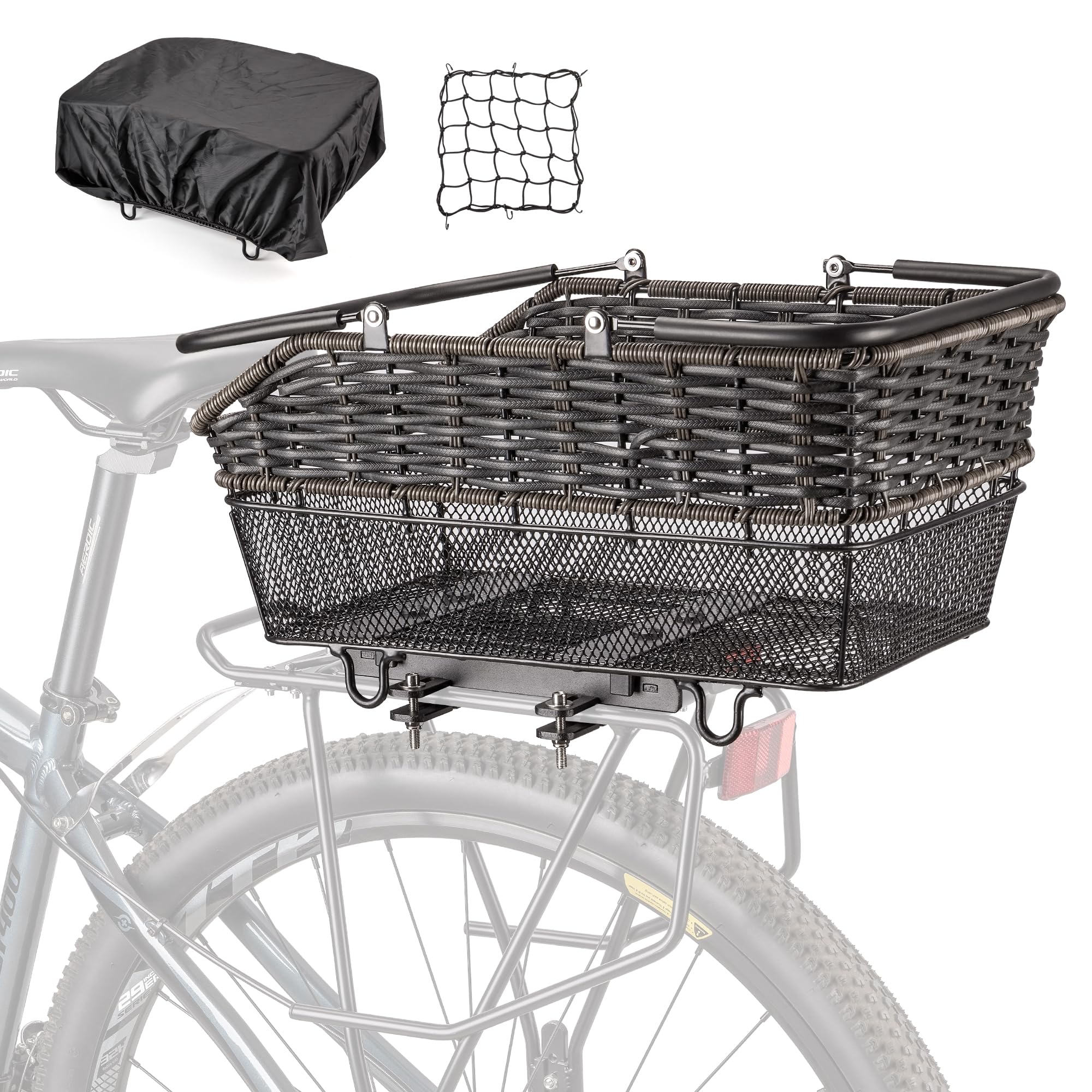 PINNAMAX Rear Bicycle Basket – Large Quick-Release Rear Basket with Cargo Net and Waterproof Cover, Hand-Woven Basket with Large Capacity