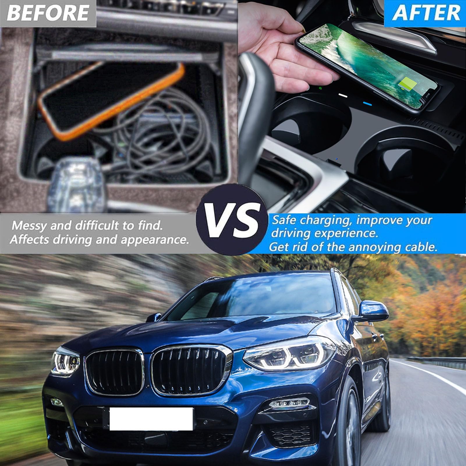 Cenna Caricabatteria per Auto Wireless per BMW X3/x3m (2018-2022) X4/x4m (2019-2022) Accessorio per Tutti I Modelli con Ricarica Rapida Wireless da 15 W E USB Qc3.0 Regalo per La Famiglia
