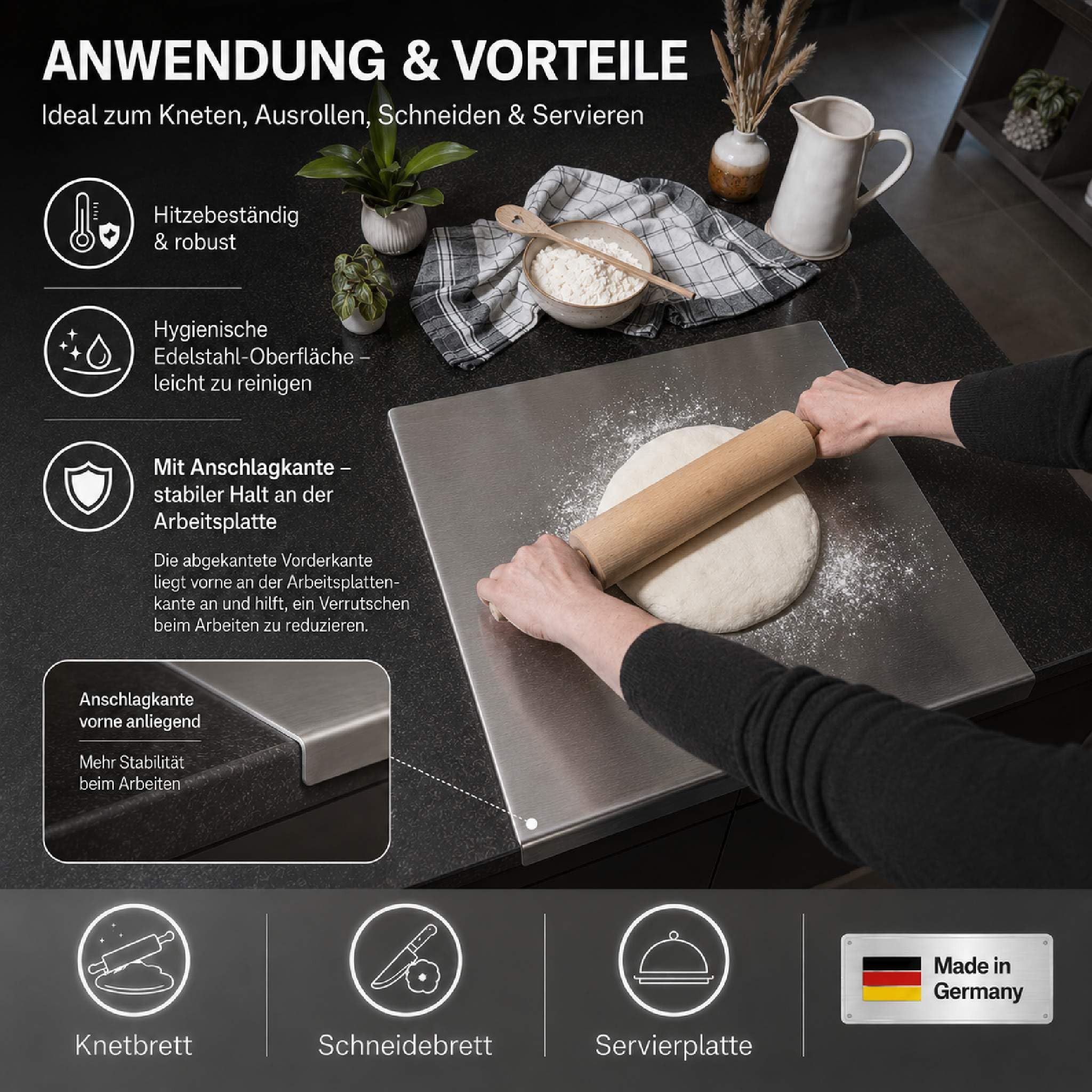 Arbeitsplatte Knetbrett Edelstahl [90x50 cm] - Für Kneten, Schneiden & Backen - Küchenplatte mit Anschlagkante - Auch als Nudelbrett, Backbrett, Teigbrett - Schneidebrett Platte Küche