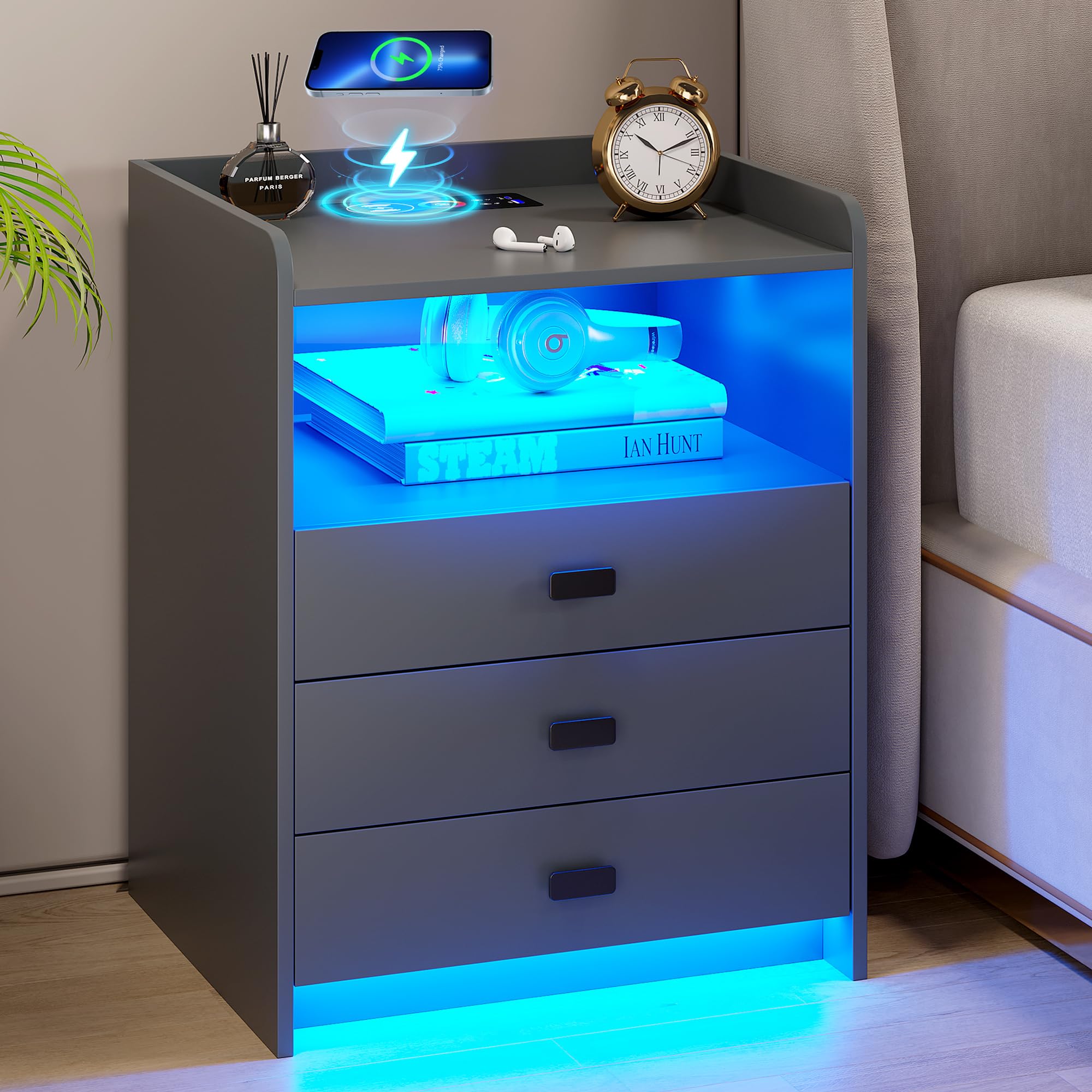 VLSKRA Nightstand with Charging Station, LED Night Stand with 24 Colors, Modern End Side Table with 3 Drawers and Open Storage, Beside Table with USB Ports for Bedroom, Grey