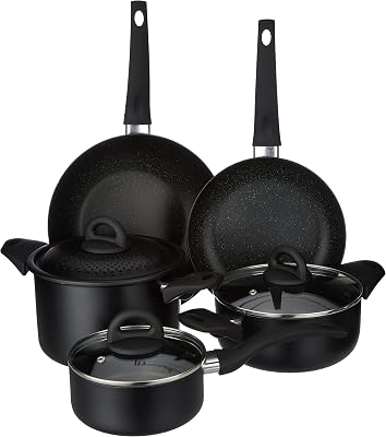 Tognana Rock In Black, Batteria di pentole e padelle, Set con 1 padella, 1 saltapasta, 2 casseruole, 1 pastaiola, 3 coperchi trasparenti, 8 Pezzi, Alluminio, Nero