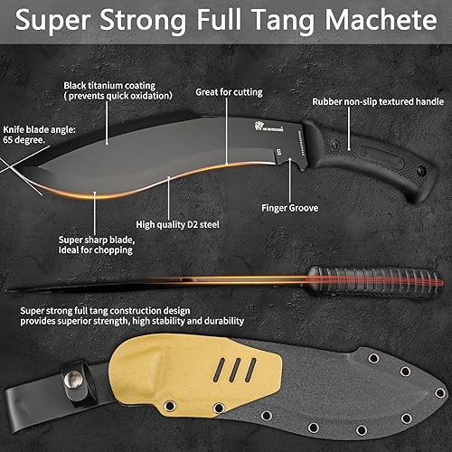Miniatura 3 de HX Outdoors - Cuchillo machete Kukri de 14 pulgadas, acero D2 de alta calidad, cuchillo de jardinería con funda Kydex para exteriores, campamento,