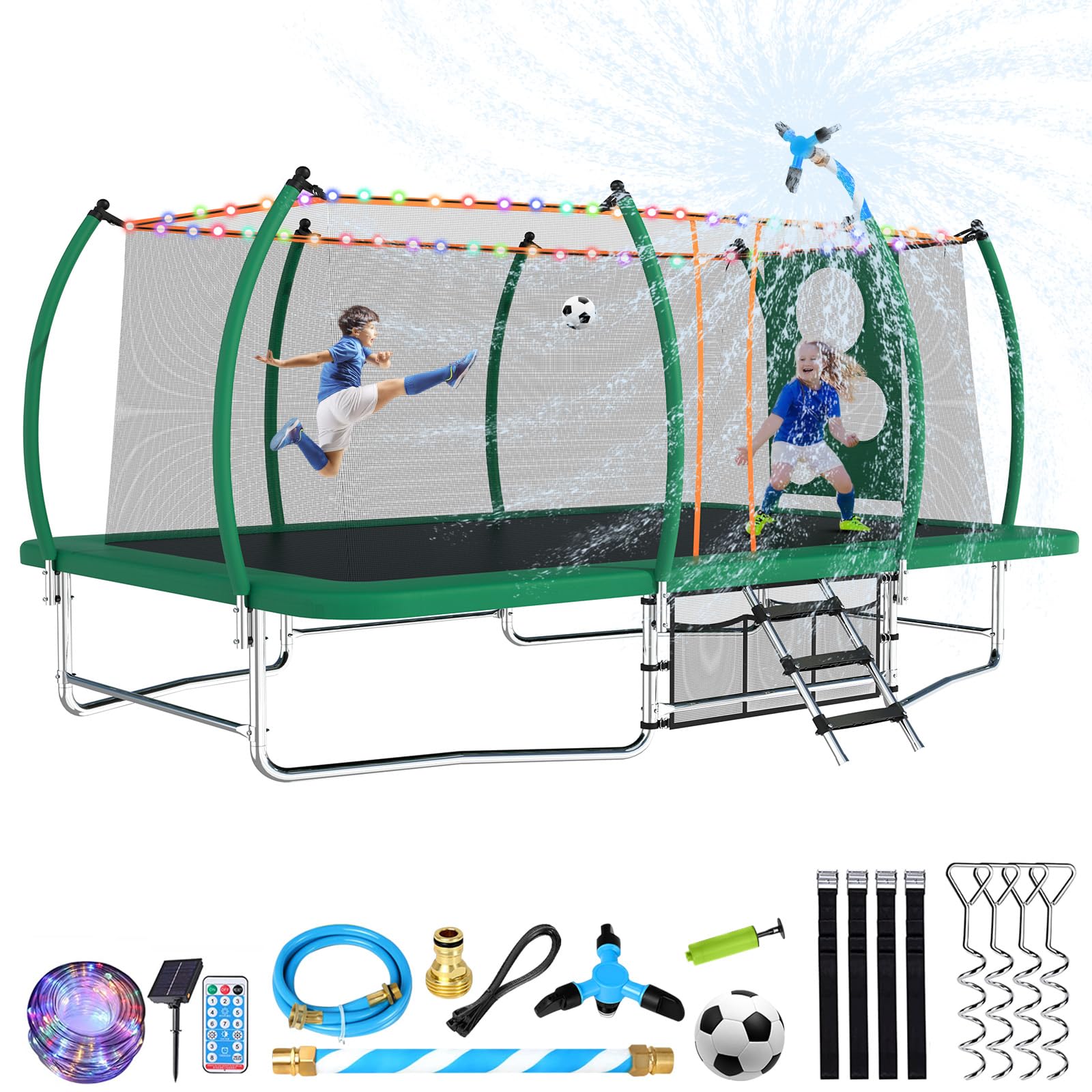 Sponsored Ad - Lyromix 14FT & 16FT Outdoor Rectangle Trampoline for Kids & Adults, Curved Poles, Pumpkin Color, Light, Sprinkler, Soccer & Storage Bag